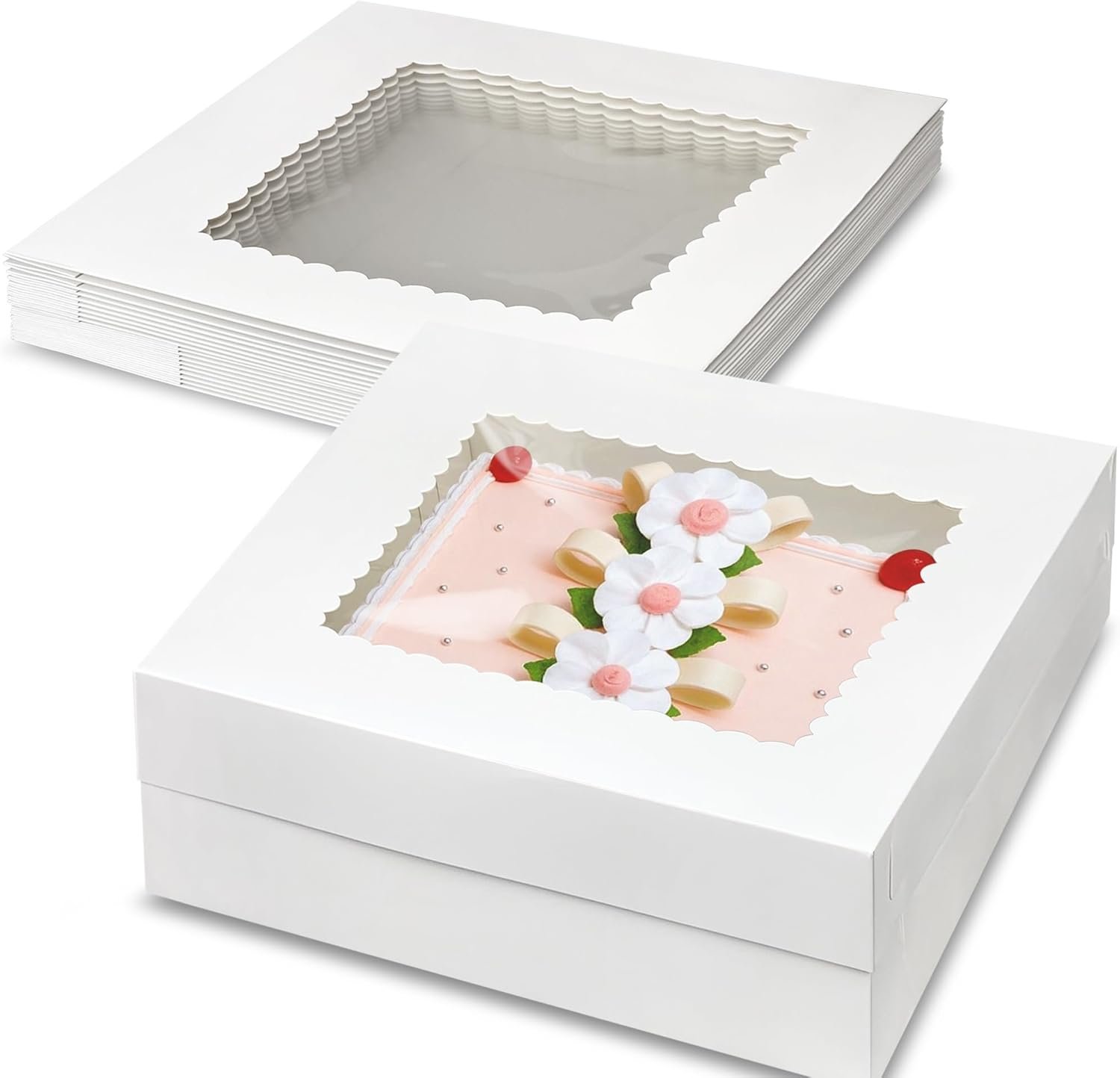 Großhandel 10 Stück 14x14x4 Zoll große weiße Kuchenboxen mit Fenster für Kuchen, Cupcakes, Donuts, Kekse, Desserts und Patisserie – Individuelles Logo und OEM von zuverlässigem Hersteller für die Bulk-Verpackung.