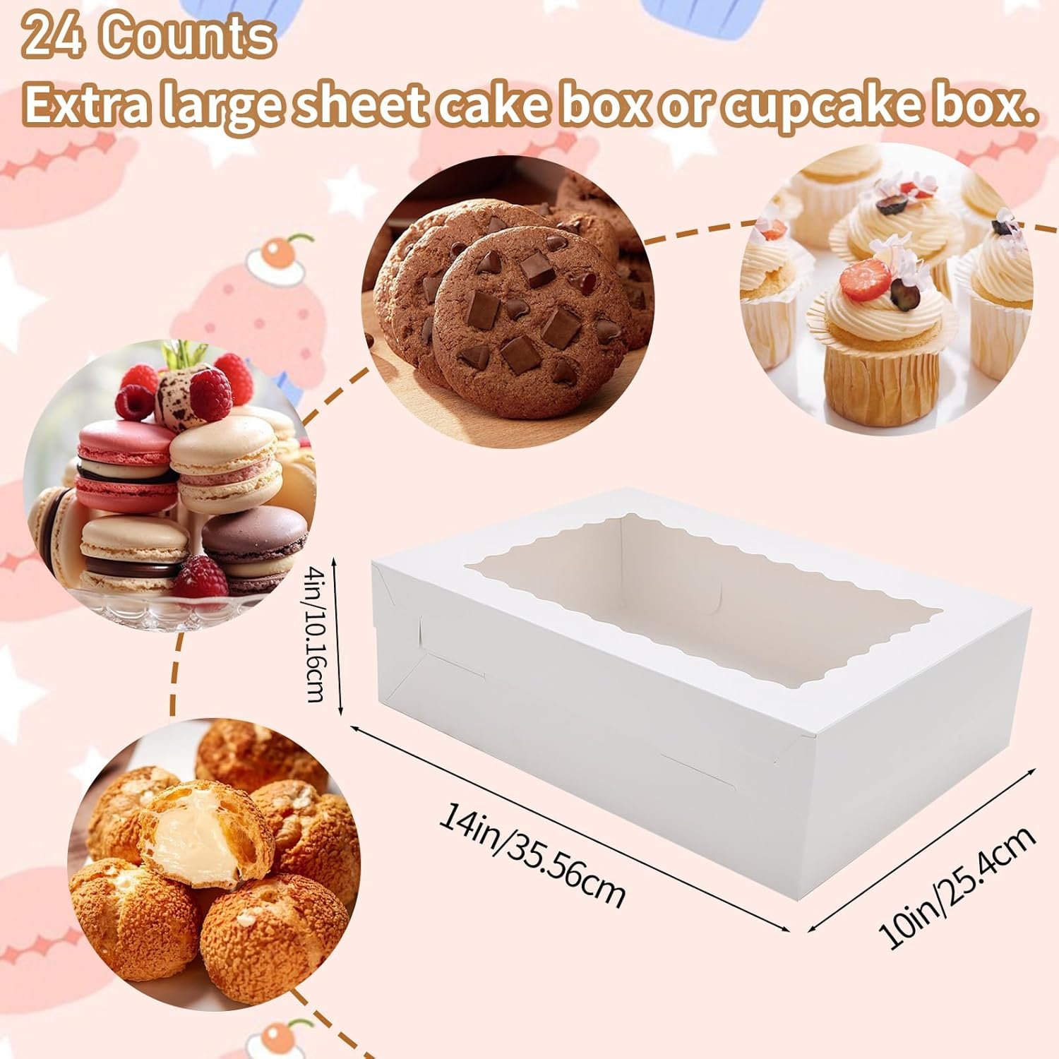 Großhandel 24 Sets 14x10x4in weiße Backboxen mit Fenster, große rechteckige Halbblattkuchen-Boxen, OEM für Kuchen, Donuts, Cupcakes und Pizzas, individuelle Logo-Optionen verfügbar.