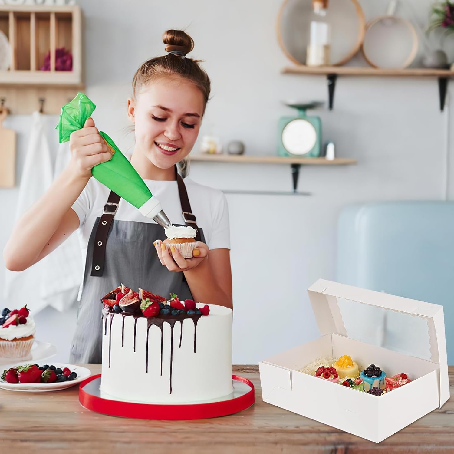 Großhandel 24 Sets 14x10x4in weiße Backboxen mit Fenster, große rechteckige Halbblattkuchen-Boxen, OEM für Kuchen, Donuts, Cupcakes und Pizzas, individuelle Logo-Optionen verfügbar.