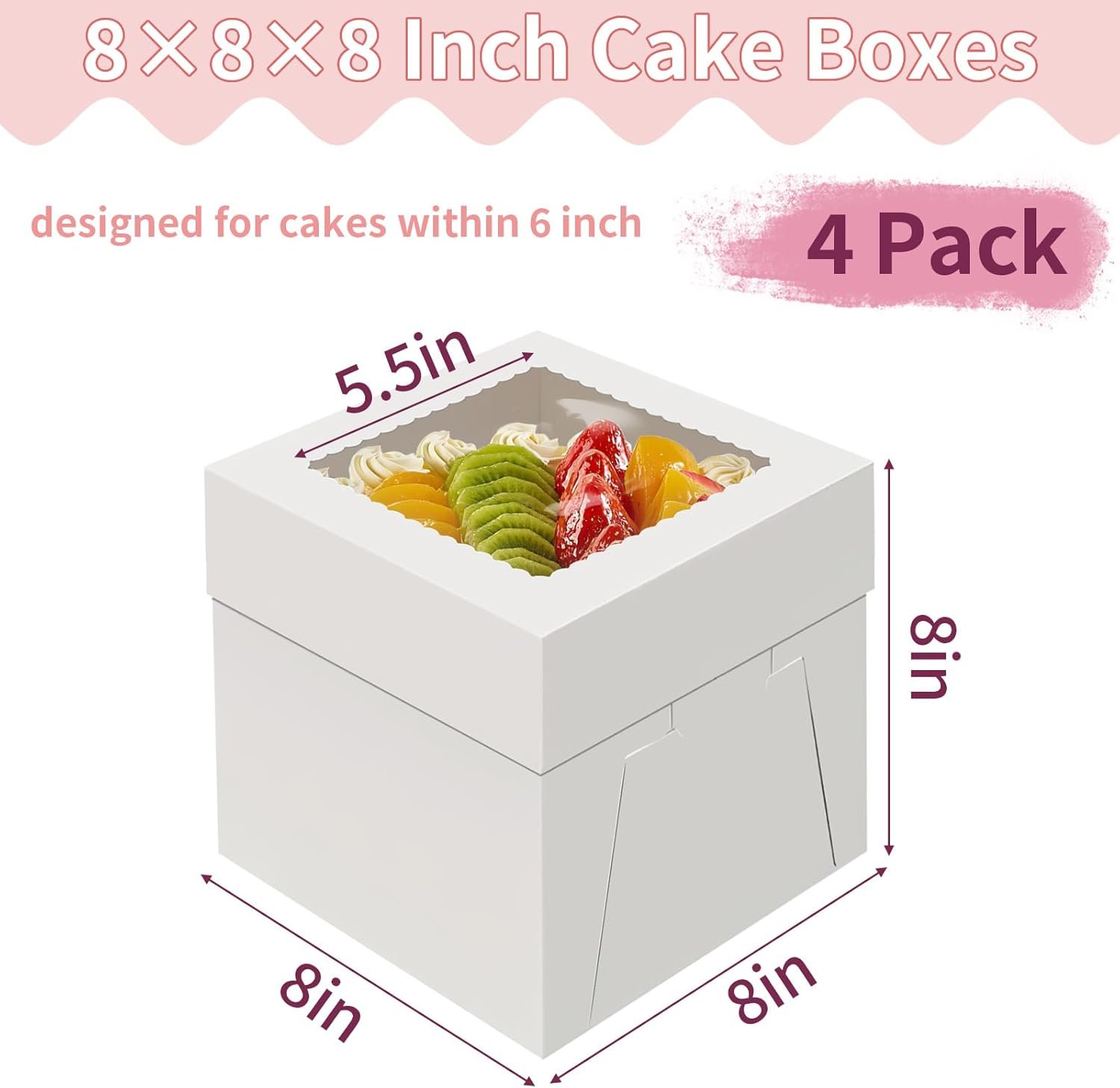 Großhandel 4er Pack Kuchenboxen 8 Zoll, Kuchen Transportbehälter mit großem Fenster, für Plätzchen, Kuchen, Cupcakes und Gebäck, individuell mit eigenem Logo bedruckbar (8×8×8 Zoll), direkt vom Hersteller in Bulk erhältlich