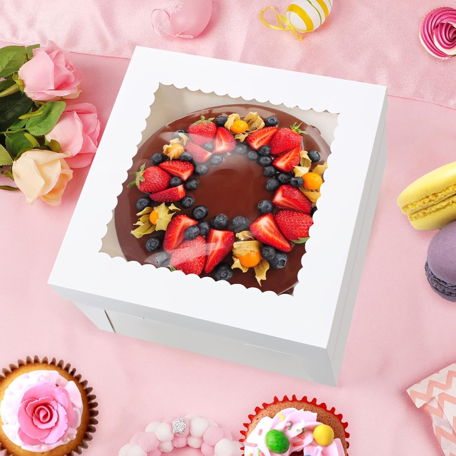 Großhandel 4er Pack Kuchenboxen 8 Zoll, Kuchen Transportbehälter mit großem Fenster, für Plätzchen, Kuchen, Cupcakes und Gebäck, individuell mit eigenem Logo bedruckbar (8×8×8 Zoll), direkt vom Hersteller in Bulk erhältlich