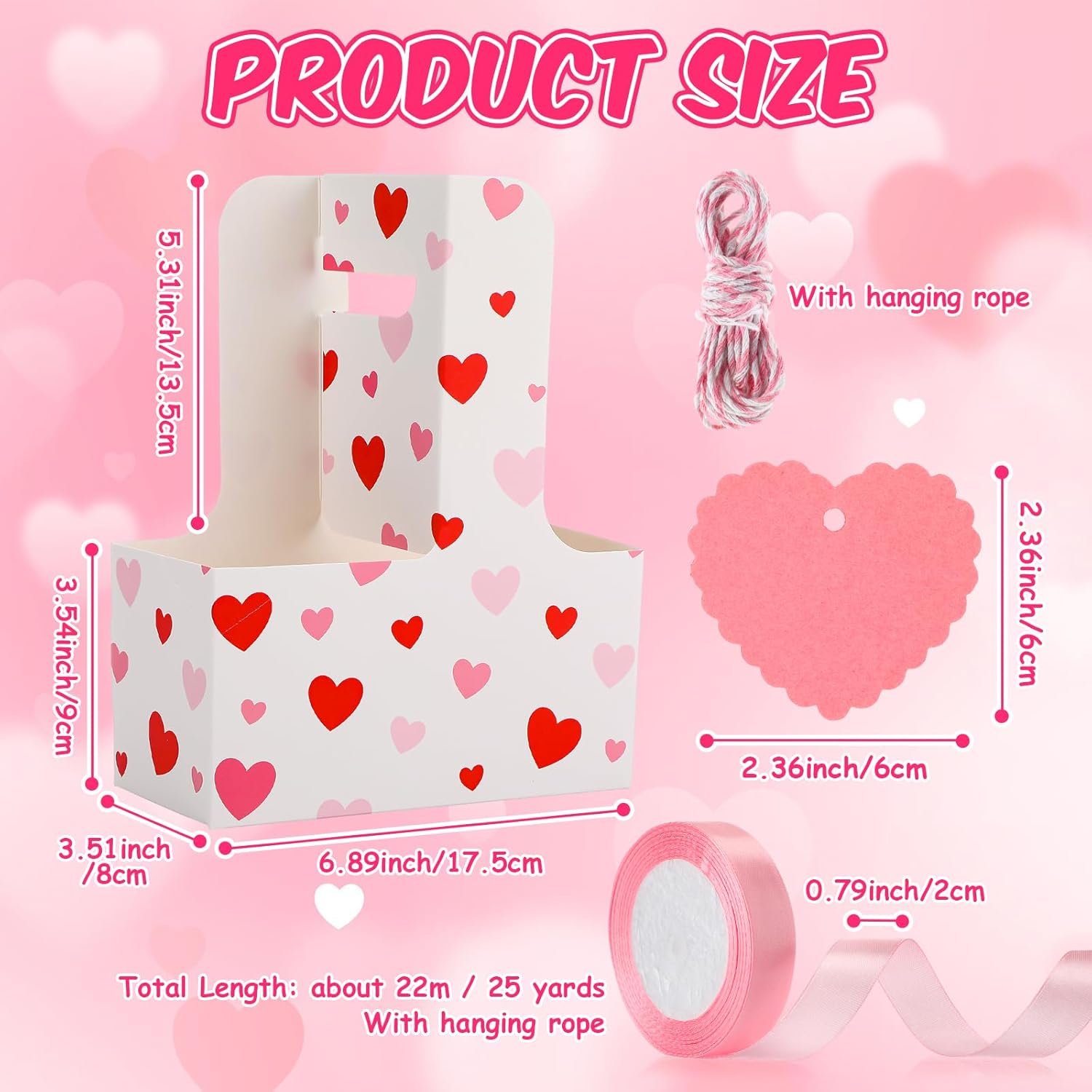 Großhandel 24er Pack tragbarer Getränketräger für 2 Becher mit Griff, Herzform Grußkarte, pinkes Band, individuelle Logooptionen für heiße und kalte Getränke, Kaffee, als Bulk-Angebot erhältlich.