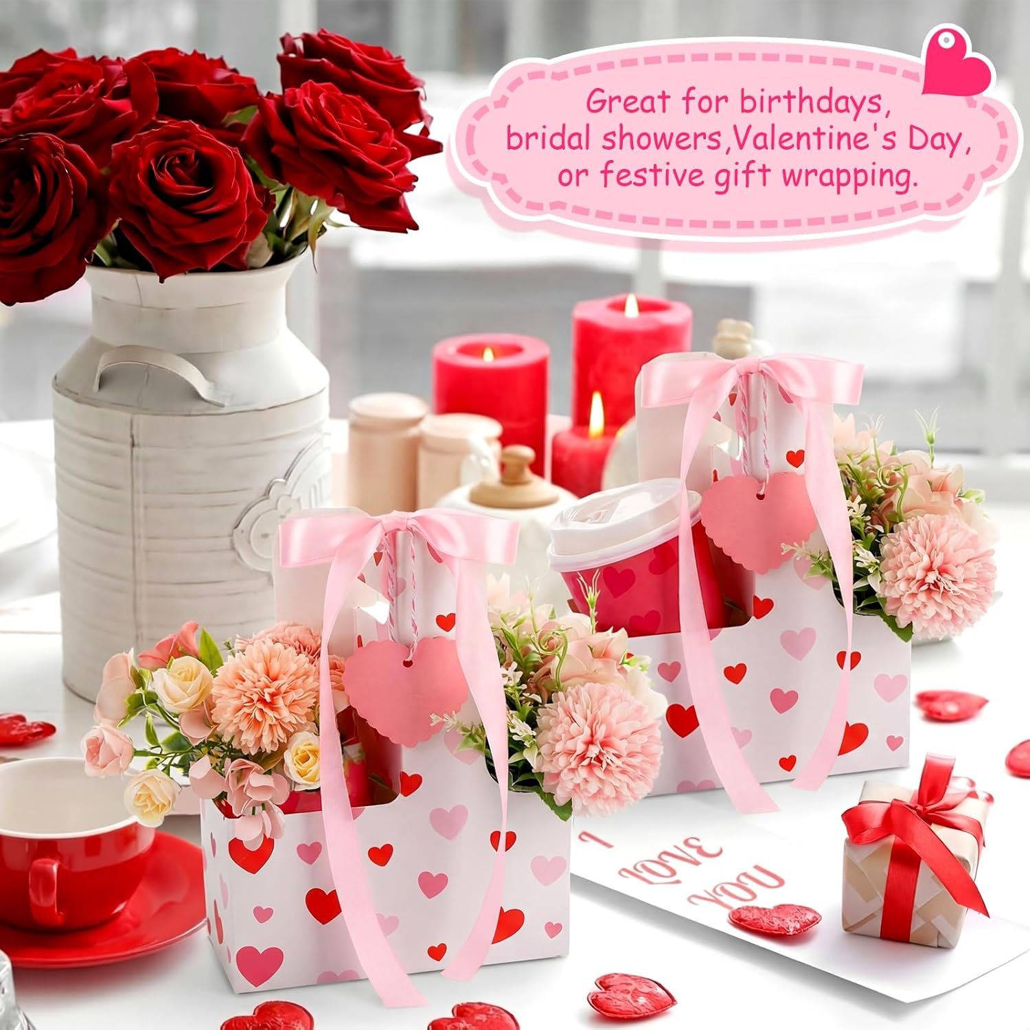 Großhandel 24er Pack tragbarer Getränketräger für 2 Becher mit Griff, Herzform Grußkarte, pinkes Band, individuelle Logooptionen für heiße und kalte Getränke, Kaffee, als Bulk-Angebot erhältlich.