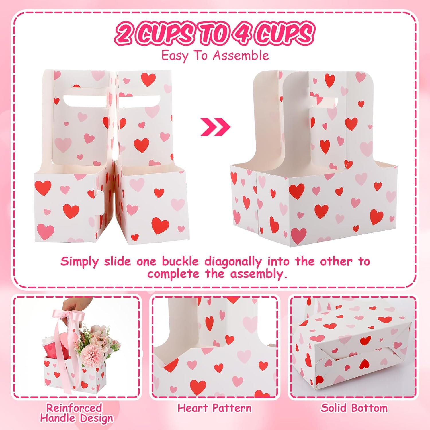 Großhandel 24er Pack tragbarer Getränketräger für 2 Becher mit Griff, Herzform Grußkarte, pinkes Band, individuelle Logooptionen für heiße und kalte Getränke, Kaffee, als Bulk-Angebot erhältlich.