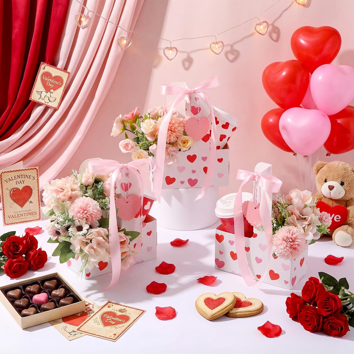 Großhandel 24er Pack tragbarer Getränketräger für 2 Becher mit Griff, Herzform Grußkarte, pinkes Band, individuelle Logooptionen für heiße und kalte Getränke, Kaffee, als Bulk-Angebot erhältlich.