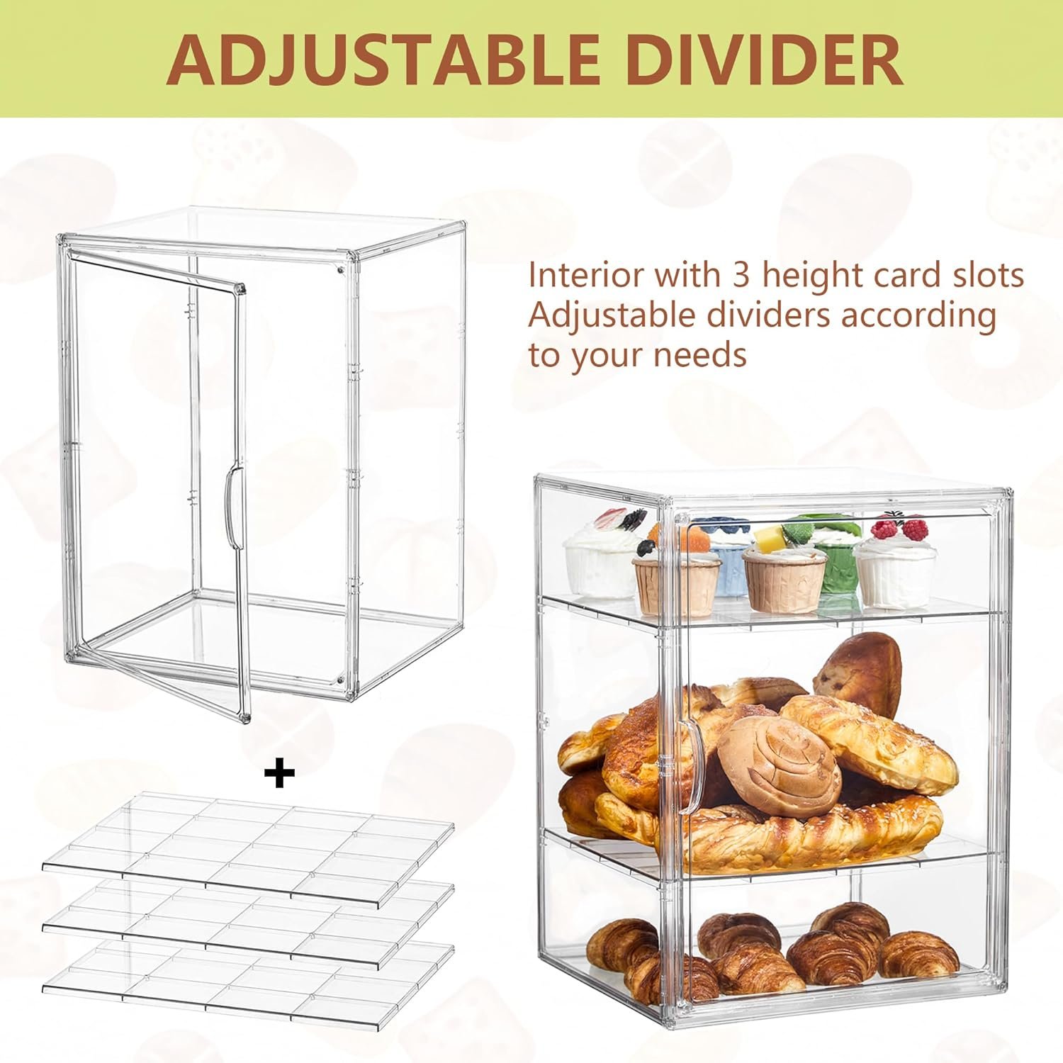 Großhandel 4-lagige verstellbare klare Brotdisplay-Vitrine für die Küchentheke mit magnetischer Tür, individuelles Logo auf Anfrage, ideal für Bäckereien, 15,5 x 11,4 x 9,8 Zoll, in 1 Packung erhältlich, vom Hersteller. Großhandel 4-lagige verstellbare klare Brotdisplay-Vitrine für die Küchentheke mit magnetischer Tür, individuelles Logo auf Anfrage, ideal für Bäckereien, 15,5 x 11,4 x 9,8 Zoll, in 1 Packung erhältlich, vom Hersteller.
