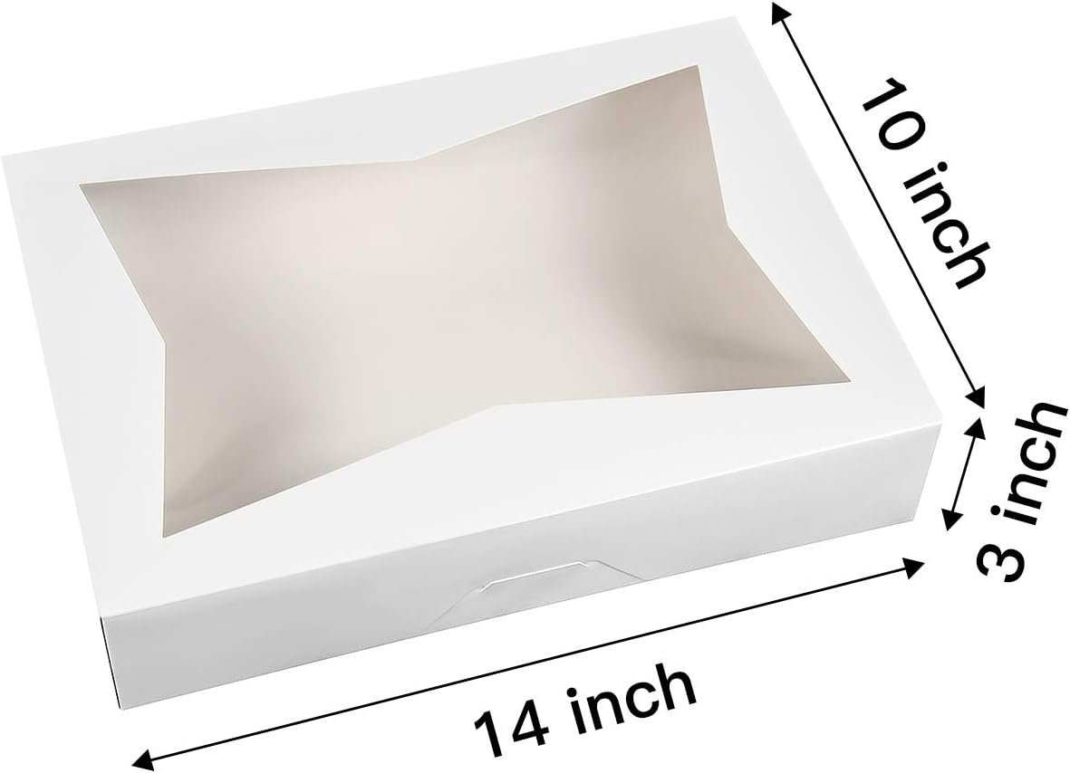 Großhandel 14 x 10 x 3 Zoll weiße Lock-Eck-Fenster-Bäckerei-Keksboxen, große Papierbehälter mit PVC-Fenstern für Kuchen, individuelles Logo, Packung mit 12.