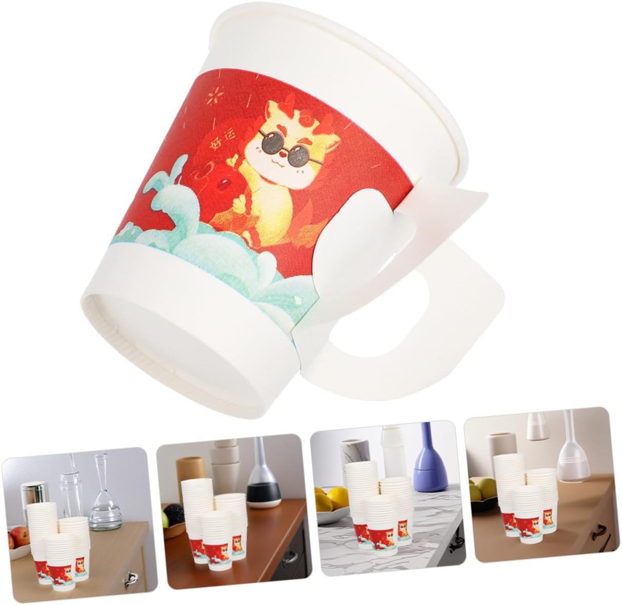 Großhandel 100 Stück hitzebeständige Papiertassen mit Griffen für chinesische Hochzeiten und Bankette, OEM Dragon Muster für heiße und kalte Getränke