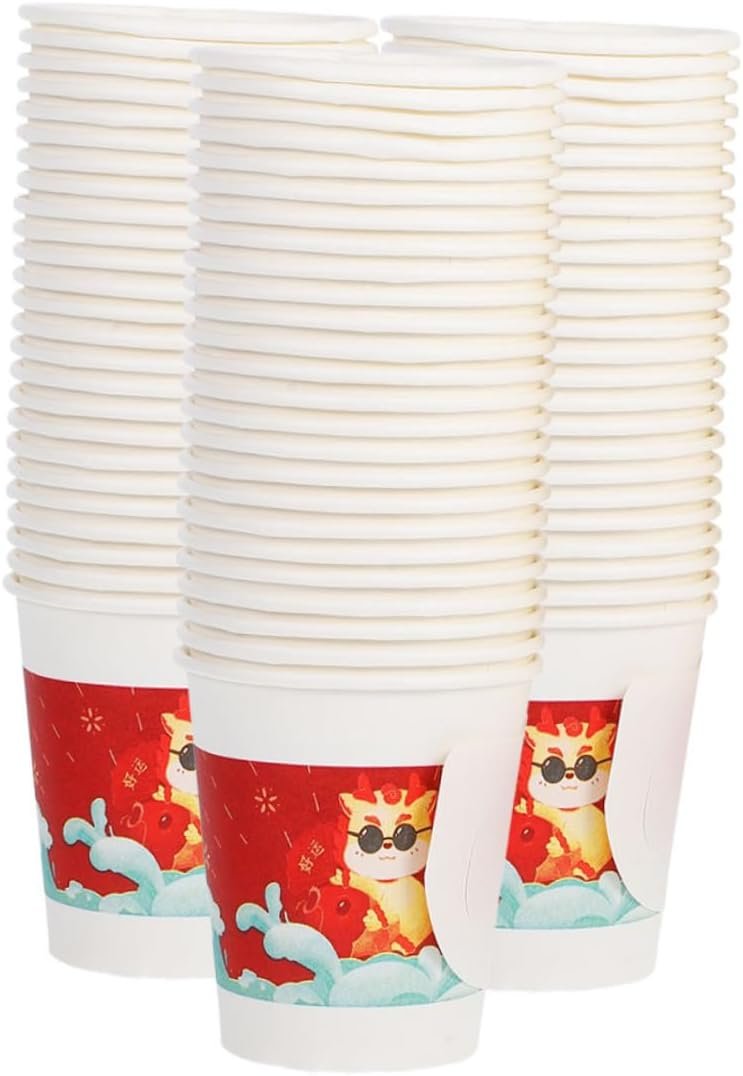 Großhandel 100 Stück hitzebeständige Papiertassen mit Griffen für chinesische Hochzeiten und Bankette, OEM Dragon Muster für heiße und kalte Getränke