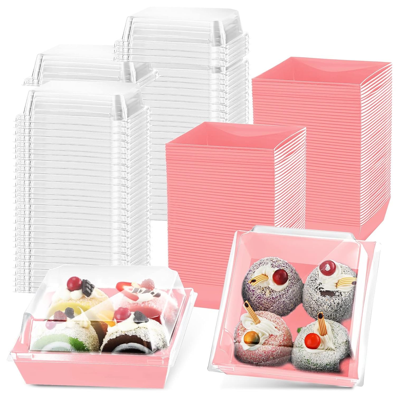 Großhandel 100 Stück Charcuterie Boxen mit klaren Lids für Valentinstag Geschenk, 5 Zoll Keksboxen, Einweg Kuchenbehälter, Papier quadratische Keksbehälter, Desserts für Sandwich, Schnitte Kuchen, heiße Kakao-Bomben, Erdbeeren (Rosa) - Individuelles Logo, OEM