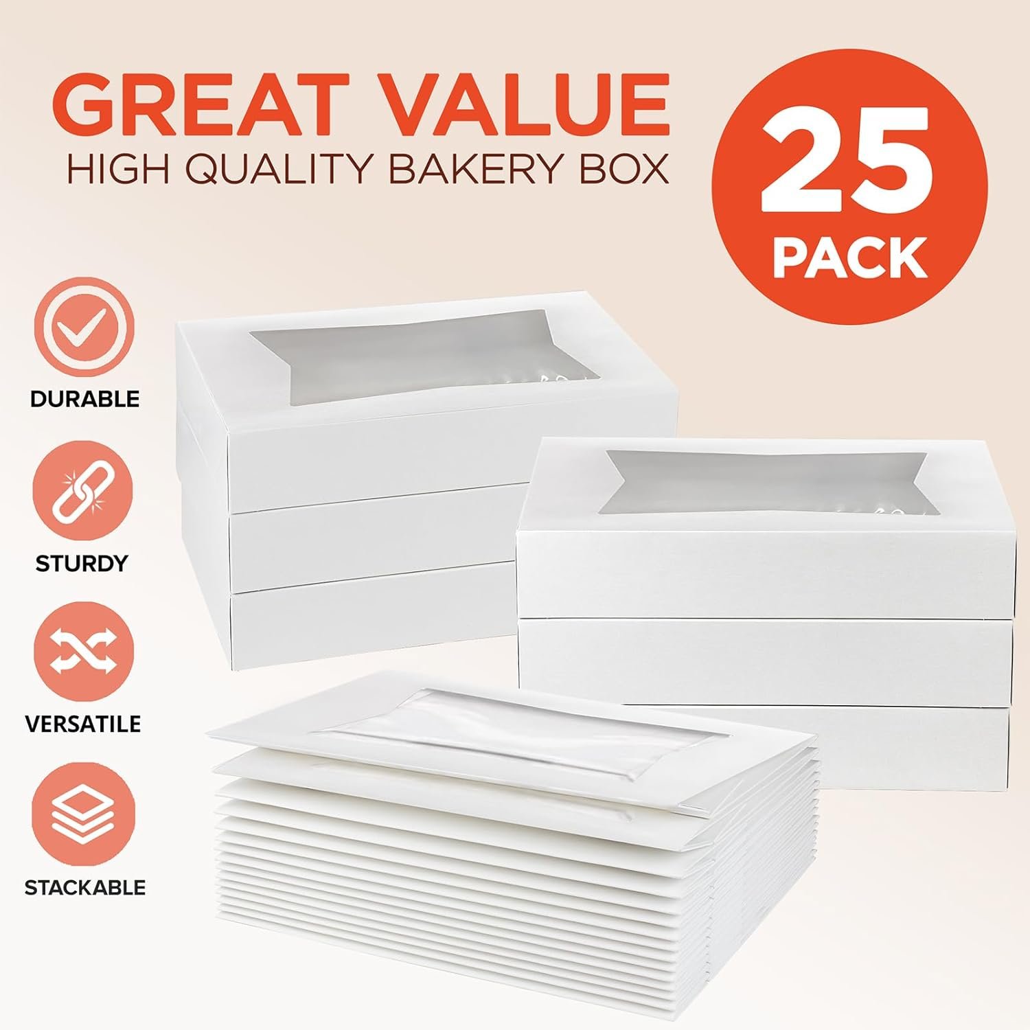 Großhandel 25er Pack weiße Bäckereikartons mit Fenster, 12 x 8 x 2,25 Zoll Auto-Popup Keksboxen, Treat-Boxen für Schokolade, Muffins, Donuts, Gebäck und Macarons - Individuelles Logo, Hersteller für Bulk-Verpackungen.