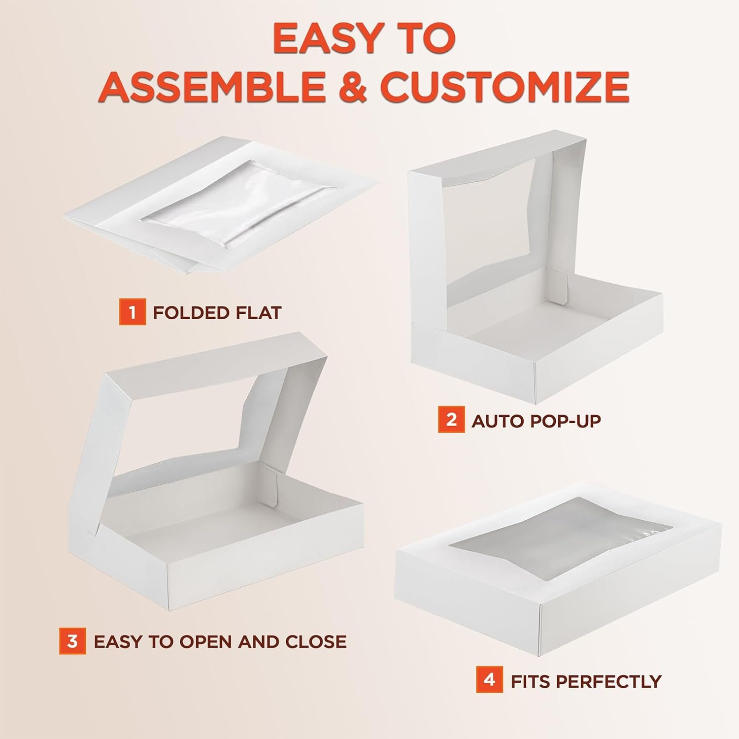 Großhandel 25er Pack weiße Bäckereikartons mit Fenster, 12 x 8 x 2,25 Zoll Auto-Popup Keksboxen, Treat-Boxen für Schokolade, Muffins, Donuts, Gebäck und Macarons - Individuelles Logo, Hersteller für Bulk-Verpackungen.