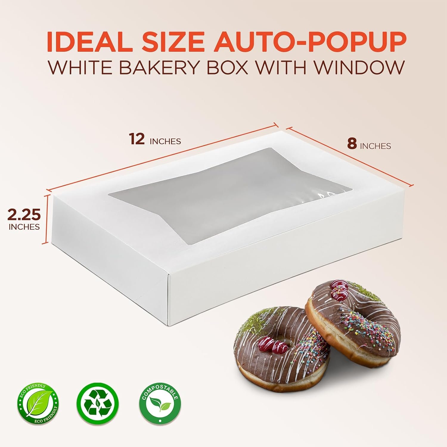 Großhandel 25er Pack weiße Bäckereikartons mit Fenster, 12 x 8 x 2,25 Zoll Auto-Popup Keksboxen, Treat-Boxen für Schokolade, Muffins, Donuts, Gebäck und Macarons - Individuelles Logo, Hersteller für Bulk-Verpackungen.