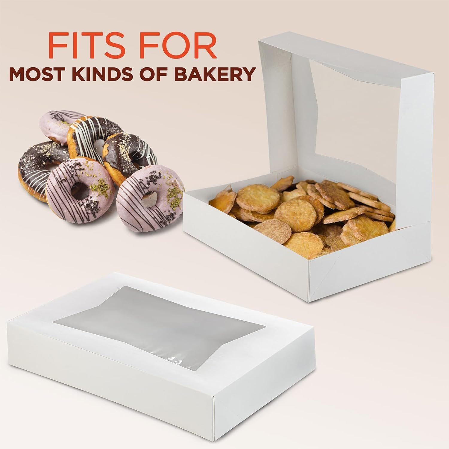 Großhandel 25er Pack weiße Bäckereikartons mit Fenster, 12 x 8 x 2,25 Zoll Auto-Popup Keksboxen, Treat-Boxen für Schokolade, Muffins, Donuts, Gebäck und Macarons - Individuelles Logo, Hersteller für Bulk-Verpackungen.