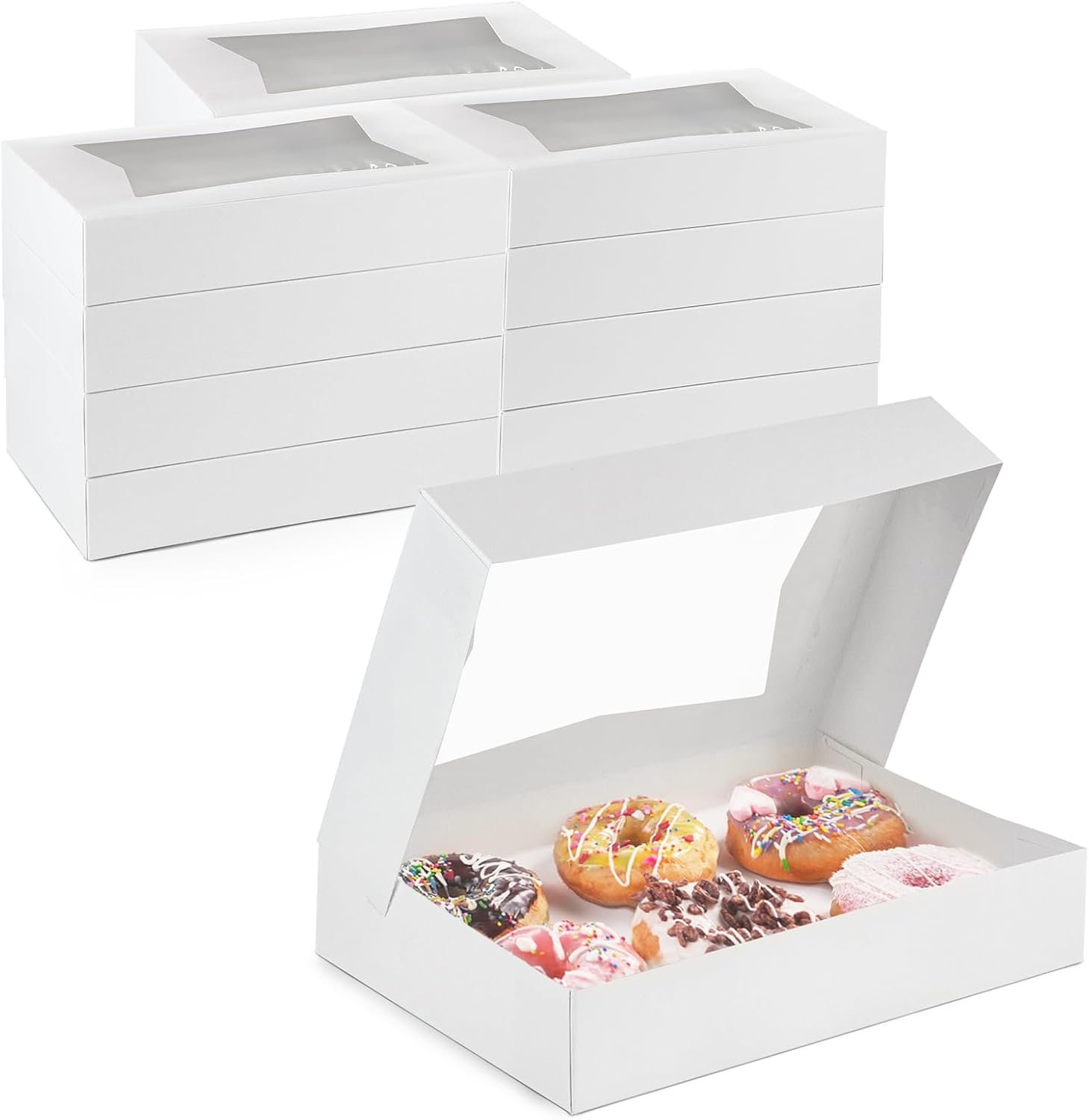 Großhandel 25er Pack weiße Bäckereikartons mit Fenster, 12 x 8 x 2,25 Zoll Auto-Popup Keksboxen, Treat-Boxen für Schokolade, Muffins, Donuts, Gebäck und Macarons - Individuelles Logo, Hersteller für Bulk-Verpackungen.