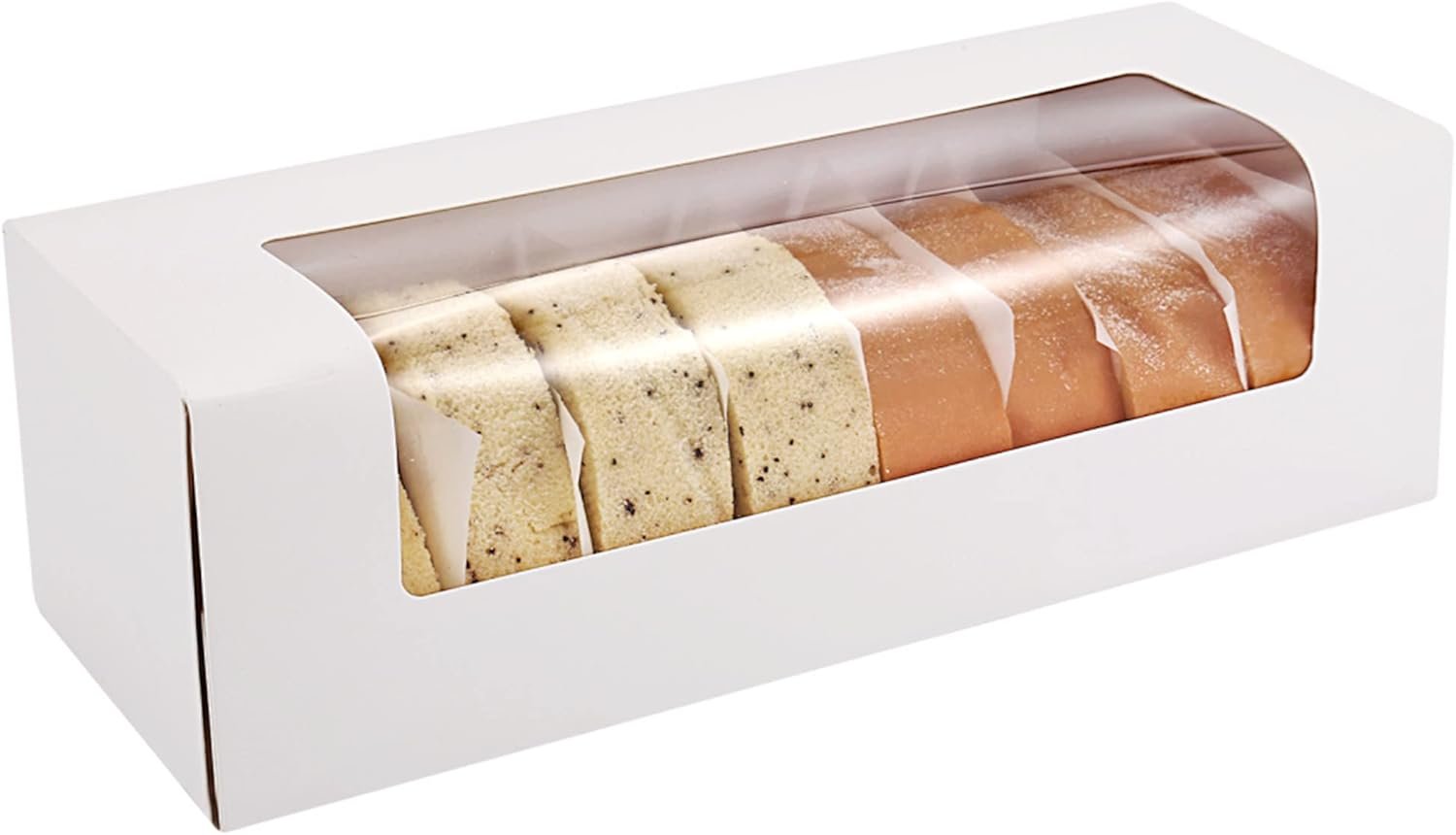 Großhandel 24er-Pack 12" x 4" x 3,5" Rollkuchenboxen, Auto-Popup-Pastetenschachteln für individuelle Logos, weiße Backwarenboxen mit Fenster