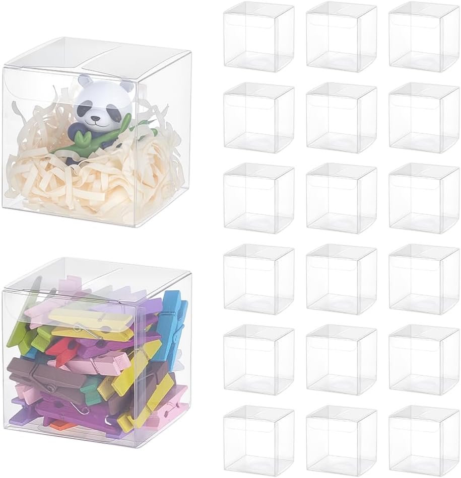 Großhandel 60 Stück transparente Kunststoff Geschenkboxen 2.4x2.4x2.4 Zoll für Süßigkeiten, Schokolade und Desserts, individuell bedruckbare Verpackungen für Hochzeiten, Partys, Halloween und Weihnachten, Hersteller von festlichen Geschenkverpackungen, OEM Optionen verfügbar.