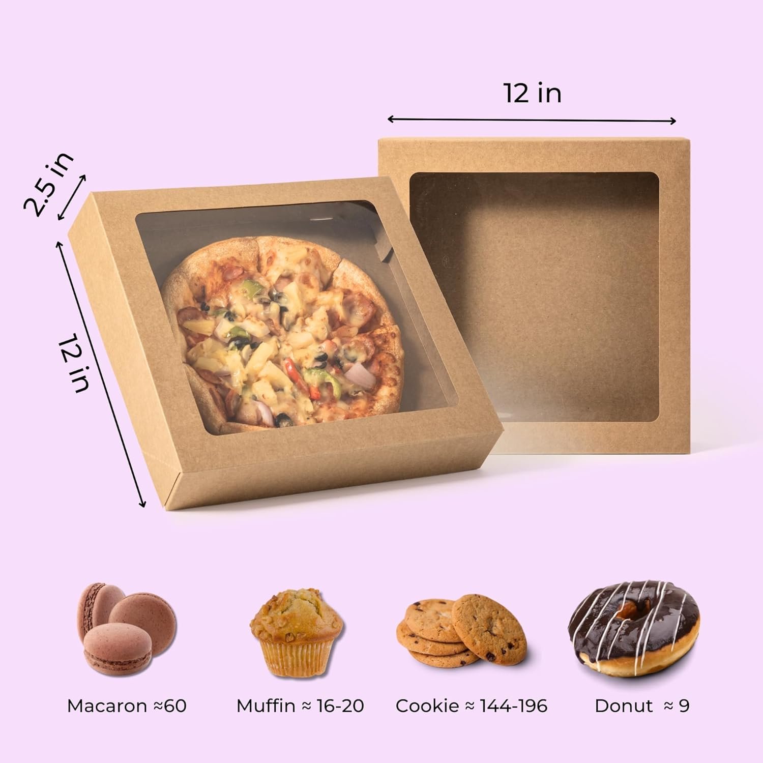 Großhandel 25er Pack Kuchenboxen 12 x 12 x 2,5 Zoll Kraftpapier mit Fenster, Auto-Popup Treat Boxen für Donuts, Kekse und Gebäck, ideal für eigene Marken, zur Verwendung bei Partys, Weihnachten und Valentinstag.