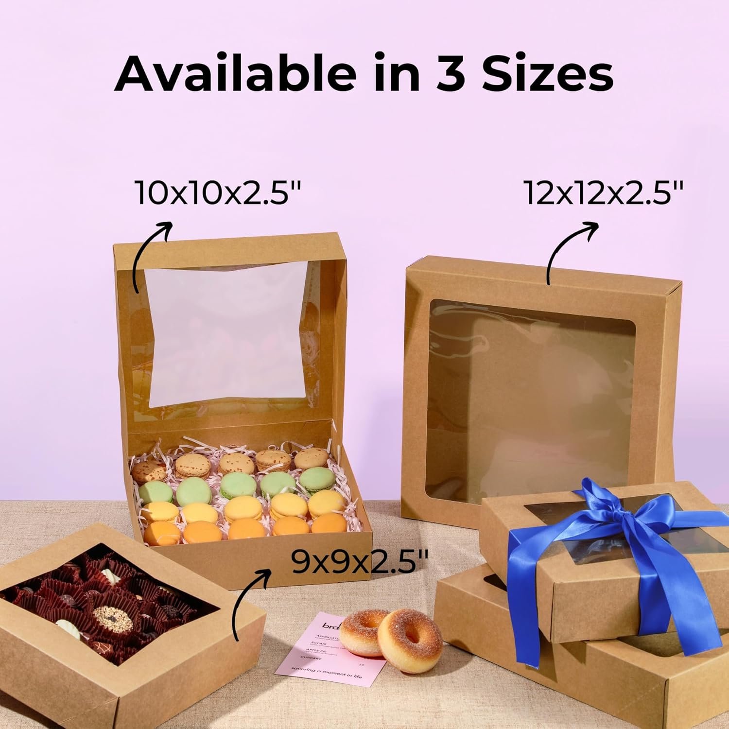Großhandel 25er Pack Kuchenboxen 12 x 12 x 2,5 Zoll Kraftpapier mit Fenster, Auto-Popup Treat Boxen für Donuts, Kekse und Gebäck, ideal für eigene Marken, zur Verwendung bei Partys, Weihnachten und Valentinstag.