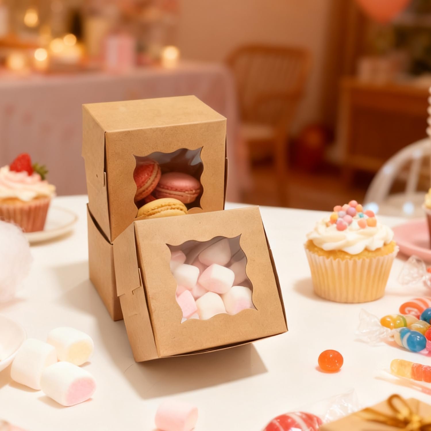 Großhandel 80 Packungen Keksboxen mit Fenster, 4x4x2,5 Zoll Kraft Bakery Boxen für Leckereien, Desserts, Mini-Kuchen, Kekse, Gebäck, Donuts, Macarons, Erdbeeren, Schokolade & Geschenke, Individuelles Logo, OEM