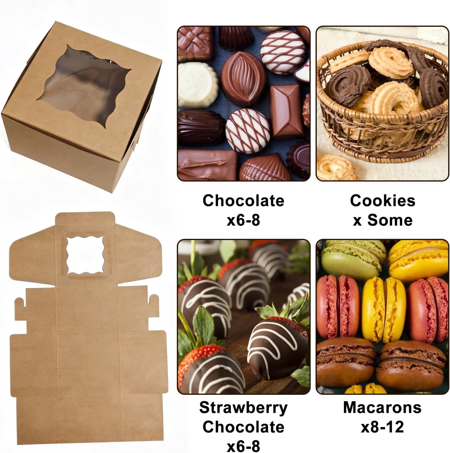 Großhandel 80 Packungen Keksboxen mit Fenster, 4x4x2,5 Zoll Kraft Bakery Boxen für Leckereien, Desserts, Mini-Kuchen, Kekse, Gebäck, Donuts, Macarons, Erdbeeren, Schokolade & Geschenke, Individuelles Logo, OEM