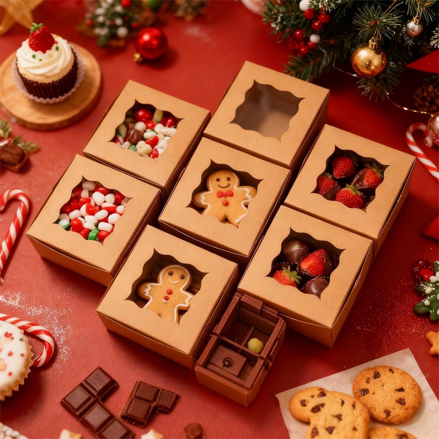 Großhandel 80 Packungen Keksboxen mit Fenster, 4x4x2,5 Zoll Kraft Bakery Boxen für Leckereien, Desserts, Mini-Kuchen, Kekse, Gebäck, Donuts, Macarons, Erdbeeren, Schokolade & Geschenke, Individuelles Logo, OEM