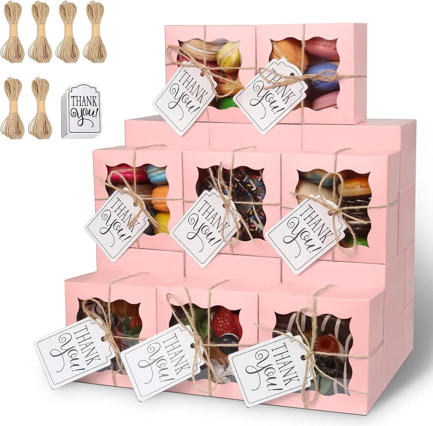 Großhandel 60 Stück rosa Backboxen mit Fenster 4x4x2,5 Zoll für Cupcakes, Kekse, Torten, Donuts, Macarons, individueller Logo-Druck vom Hersteller, Kraftpapier Geschenkbox für Feingebäck