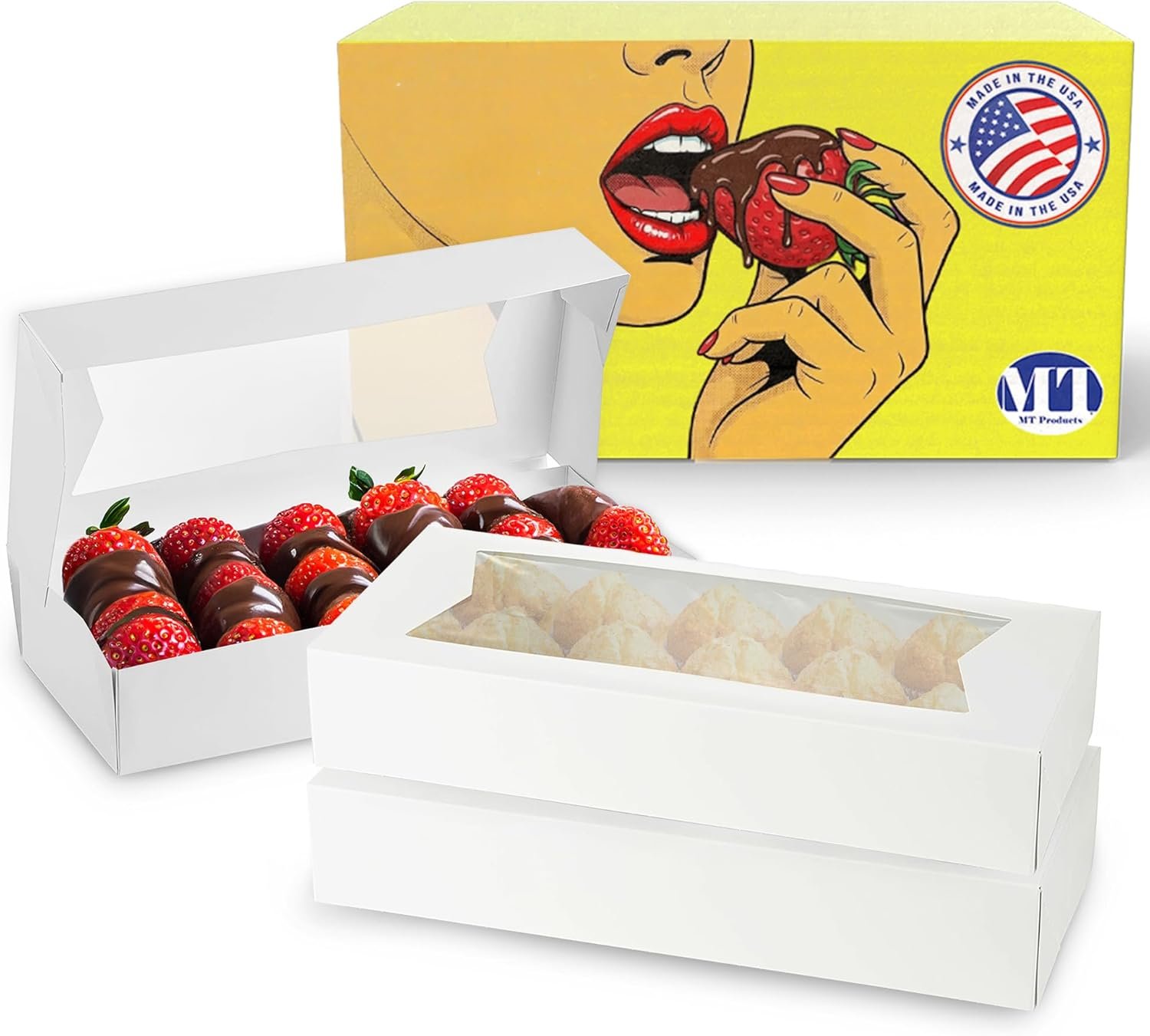 Großhandel 12,5" x 5,5" Auto-Popup Backwarenboxen mit Fenster (15 Stück) - Individuelles Logo möglich - Robuste weiße Pappe Geschenkbox für 12 Erdbeeren, Kekse und Charcuterie - Fettabweisend und lebensmittelsicher - Hersteller für maßgeschneiderte Lösungen