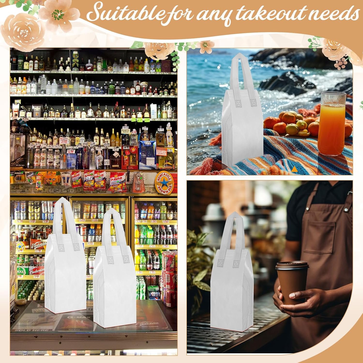 Großhandel 100 Stück isolierte Tragetaschen in Bulk, ideale Einweg-Lunch-Taschen für heiße und kalte Speisen, Individuelles Logo für Restaurants und Supermärkte, 4,7 x 11 x 4 Zoll (Weiß)