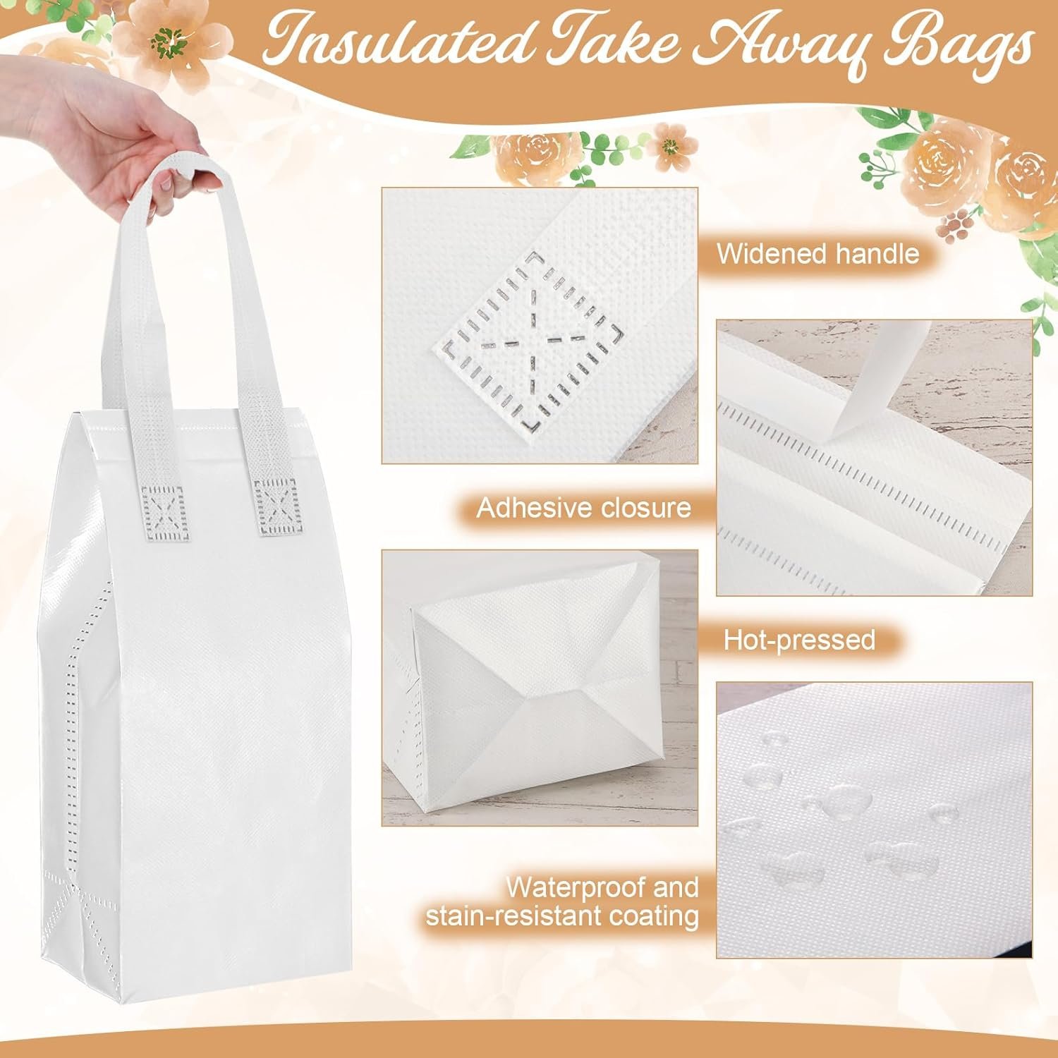 Großhandel 100 Stück isolierte Tragetaschen in Bulk, ideale Einweg-Lunch-Taschen für heiße und kalte Speisen, Individuelles Logo für Restaurants und Supermärkte, 4,7 x 11 x 4 Zoll (Weiß)