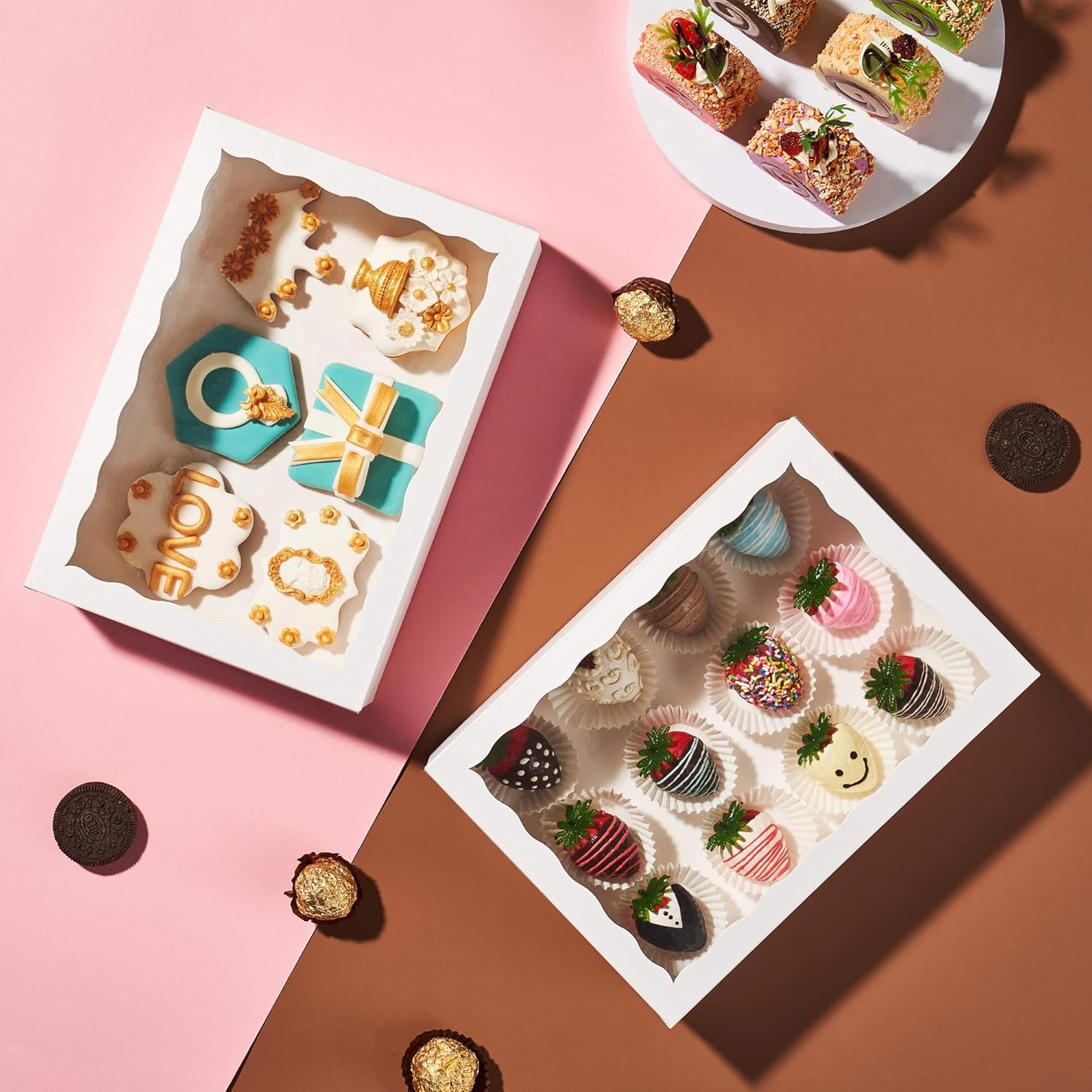 Großhandel 4er Pack 10x7x2,5 Zoll Weiße Erdbeerboxen mit Fenster, Dessertverpackungen für Kekse, Donuts, Macarons, Muffins und heiße Kakao-Bomben, Individuelles Logo für elegantes Geschenkpaket, Hersteller von Verpackungen in Großmenge