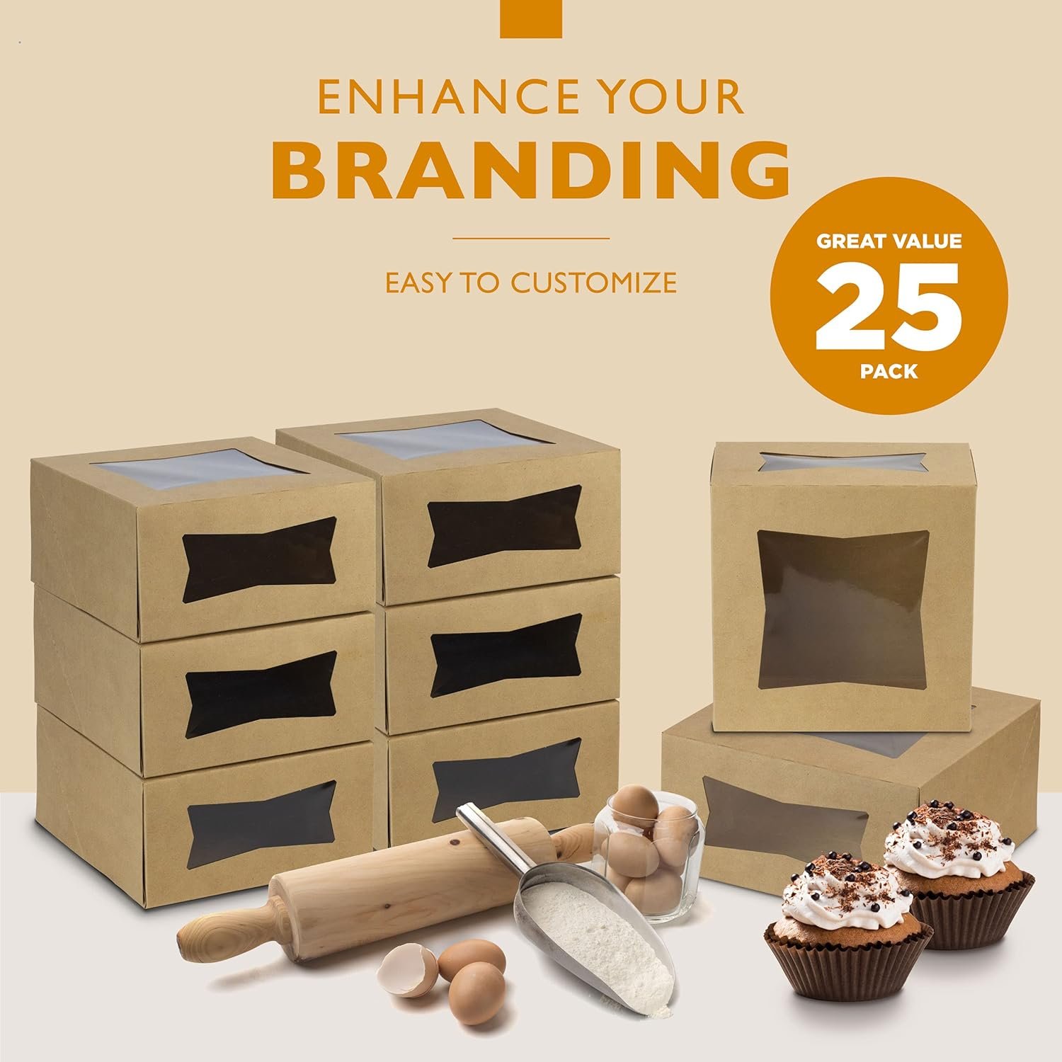 Großhandel 25er Packung Cakeboxen mit Fenster 8x8x4 Auto Pop-Up Bakery Behälter für Süßigkeiten, Kekse und Gebäck, Individuelles Logo für Ihre Eigenmarke, perfekte Verpackung für Geschenke und Transport zu Veranstaltungen wie Valentinstag und Weihnachten, OEM verfügbar.