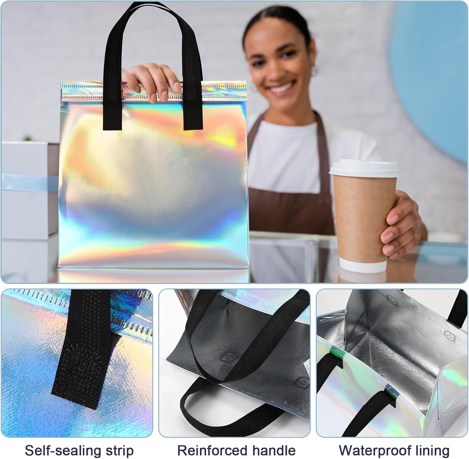100 Stück Thermoisolierte Holografische Tüten Großhandel für Lebensmittelzustellung, Individuelles Logo für heiße und kalte Speisen wie Pizza, Meeresfrüchte, Kaffee, Milch im Bulk für Gastronomie und Catering. OEM Hersteller von strapazierfähigen Take-Away-Taschen. 100 Stück Thermoisolierte Holografische Tüten Großhandel für Lebensmittelzustellung, Individuelles Logo für heiße und kalte Speisen wie Pizza, Meeresfrüchte, Kaffee, Milch im Bulk für Gastronomie und Catering. OEM Hersteller von strapazierfähigen Take-Away-Taschen.