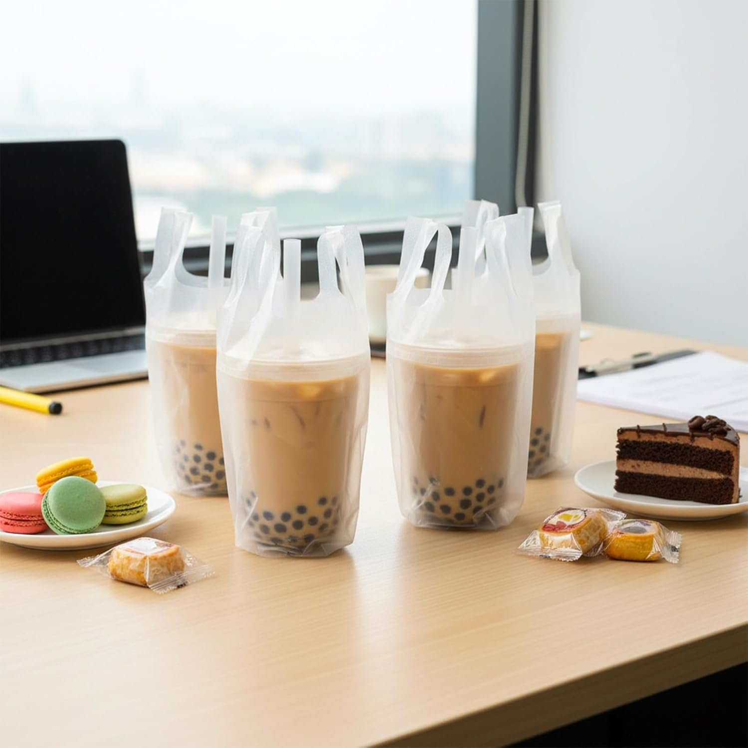 Großhandel 1000 PCS Getränketräger für die Lieferung, tragbare Kaffeebehälter mit Henkel, klarsichtige Kunststoffbeutel für Einzelbecher, OEM, 6