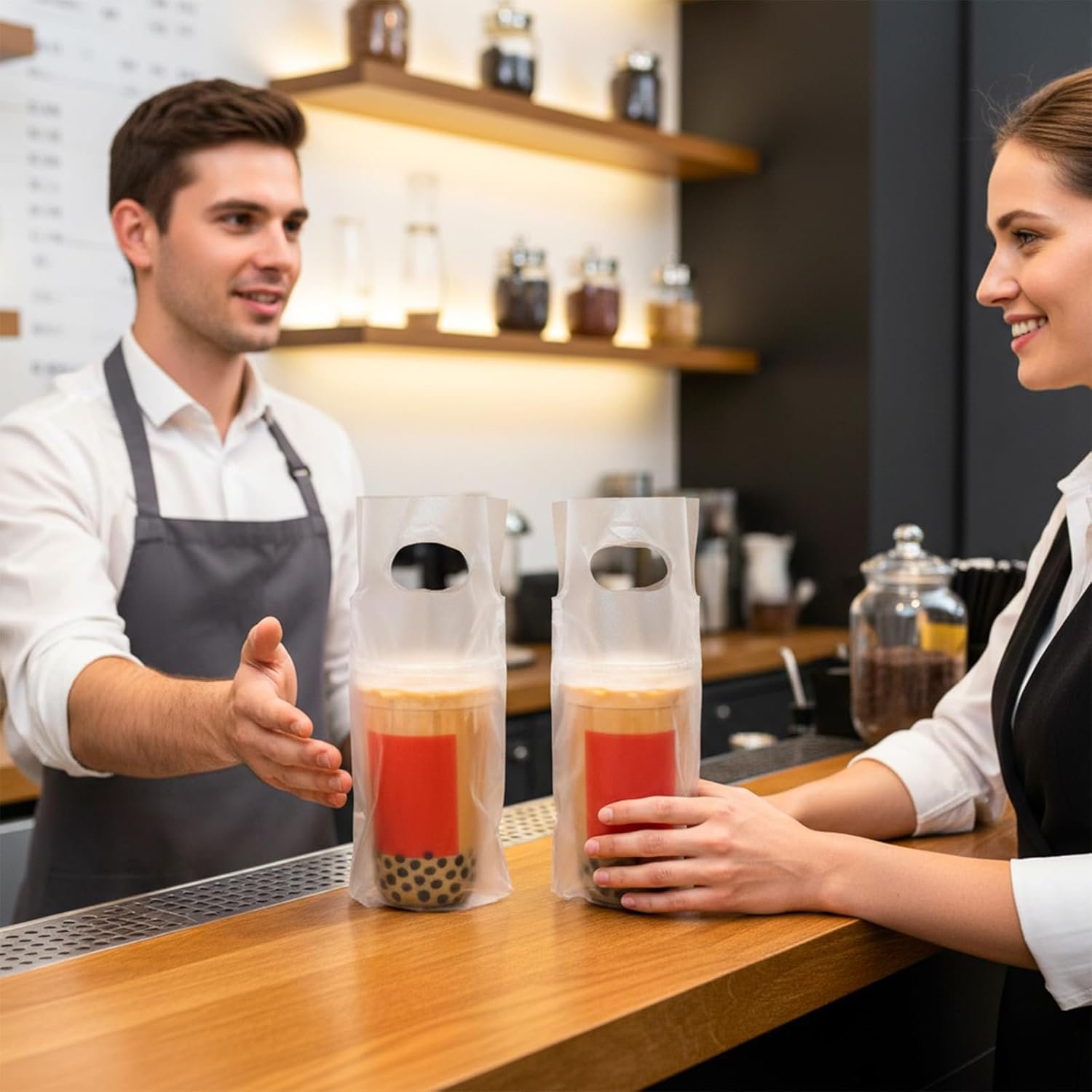 Großhandel 1000 PCS Getränketräger für die Lieferung, tragbare Kaffeebehälter mit Henkel, klarsichtige Kunststoffbeutel für Einzelbecher, OEM, 6