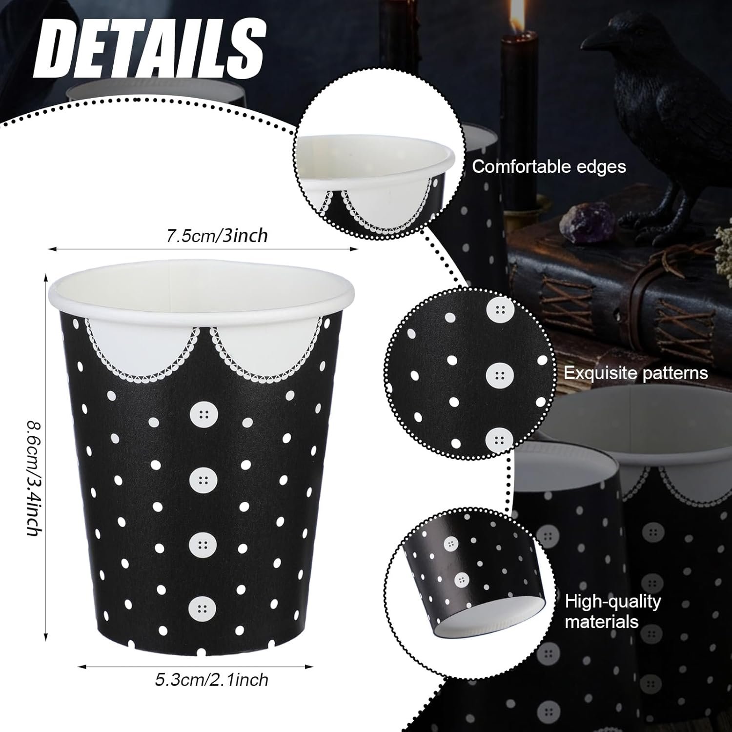 Großhandel 150 Pcs Gothic Papierbecher 9 oz mit Dress-Muster für Gothische Geburtstagsfeiern, OEM Hersteller für Halloween Partyszubehör und Dekorationen Großhandel 150 Pcs Gothic Papierbecher 9 oz mit Dress-Muster für Gothische Geburtstagsfeiern, OEM Hersteller für Halloween Partyszubehör und Dekorationen