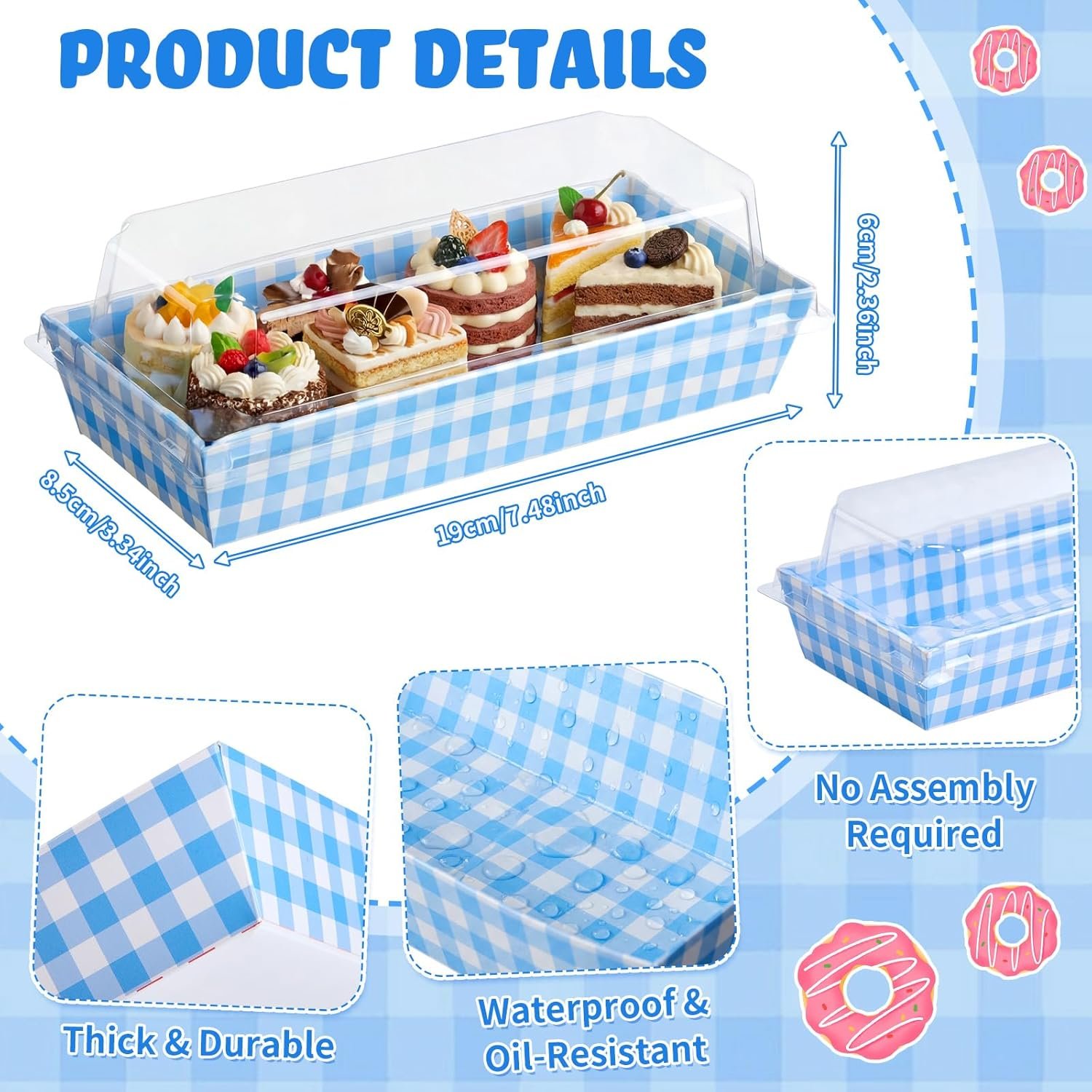 Großhandel 50er Packung blaue Karomuster-Kekse und Snackboxen mit transparenten Lids, Lieferant für Einweg-Dessertpräsentationsboxen für Hochzeiten, Partys und Picknicks, Individuelles Logo verfügbar.