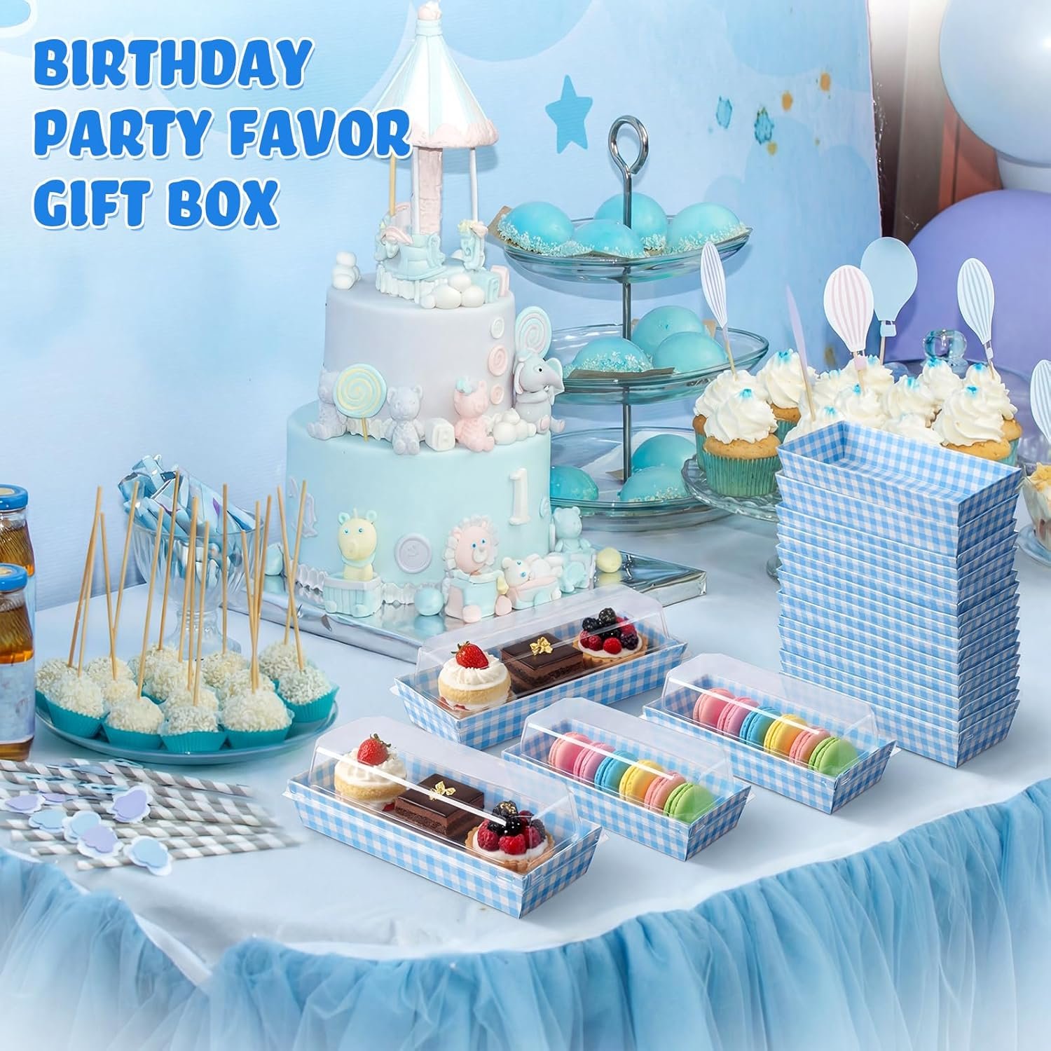 Großhandel 50er Packung blaue Karomuster-Kekse und Snackboxen mit transparenten Lids, Lieferant für Einweg-Dessertpräsentationsboxen für Hochzeiten, Partys und Picknicks, Individuelles Logo verfügbar.