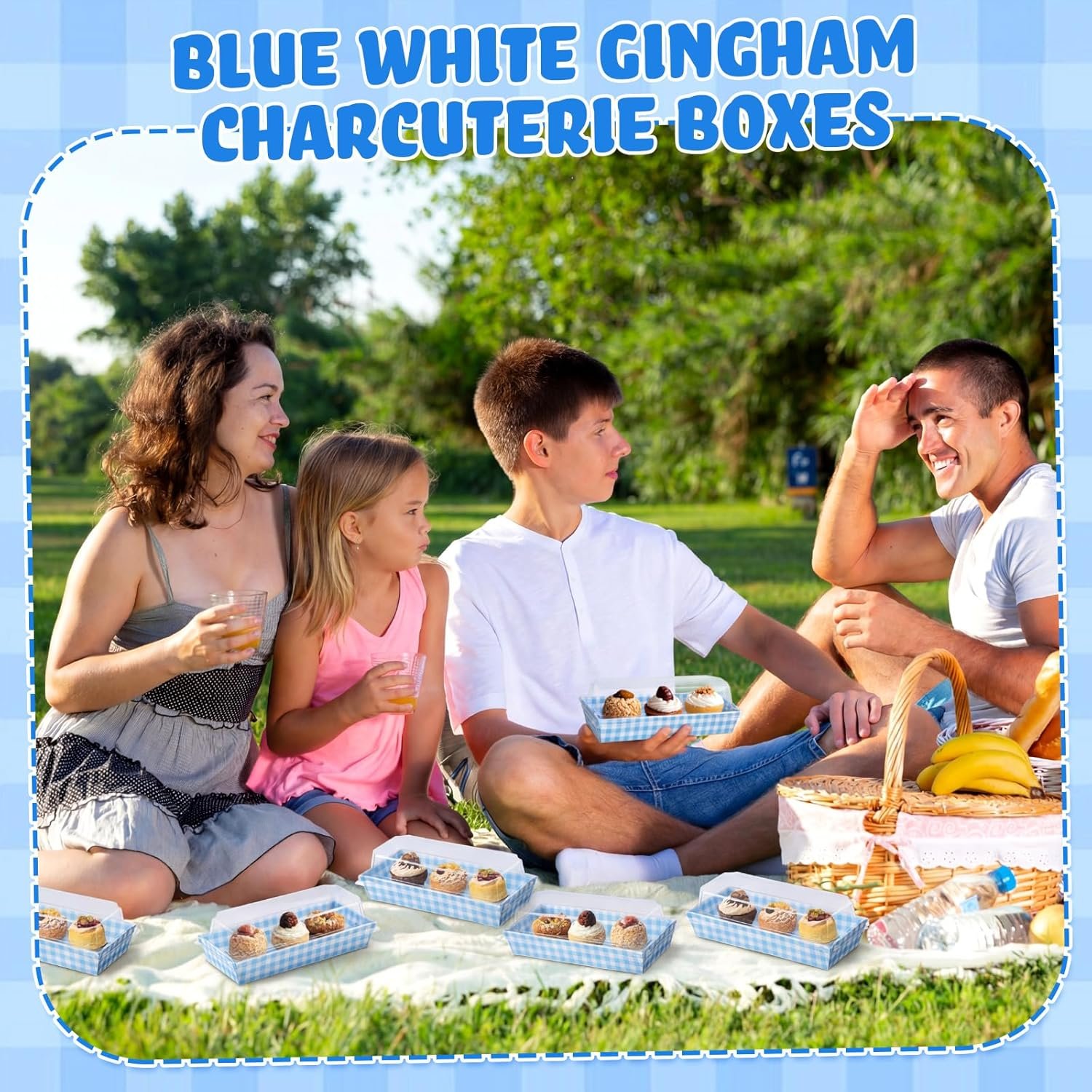 Großhandel 50er Packung blaue Karomuster-Kekse und Snackboxen mit transparenten Lids, Lieferant für Einweg-Dessertpräsentationsboxen für Hochzeiten, Partys und Picknicks, Individuelles Logo verfügbar.