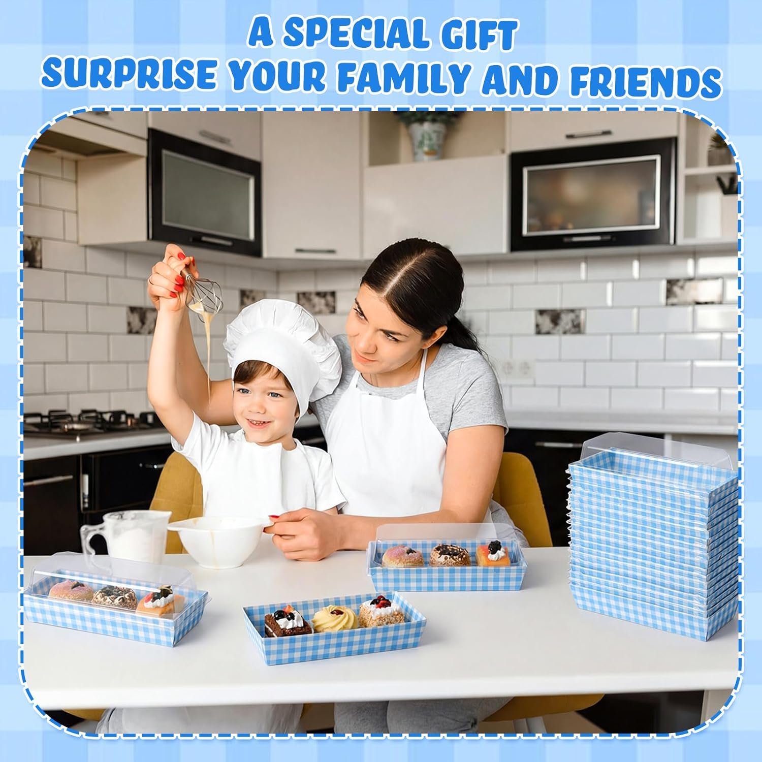 Großhandel 50er Packung blaue Karomuster-Kekse und Snackboxen mit transparenten Lids, Lieferant für Einweg-Dessertpräsentationsboxen für Hochzeiten, Partys und Picknicks, Individuelles Logo verfügbar.