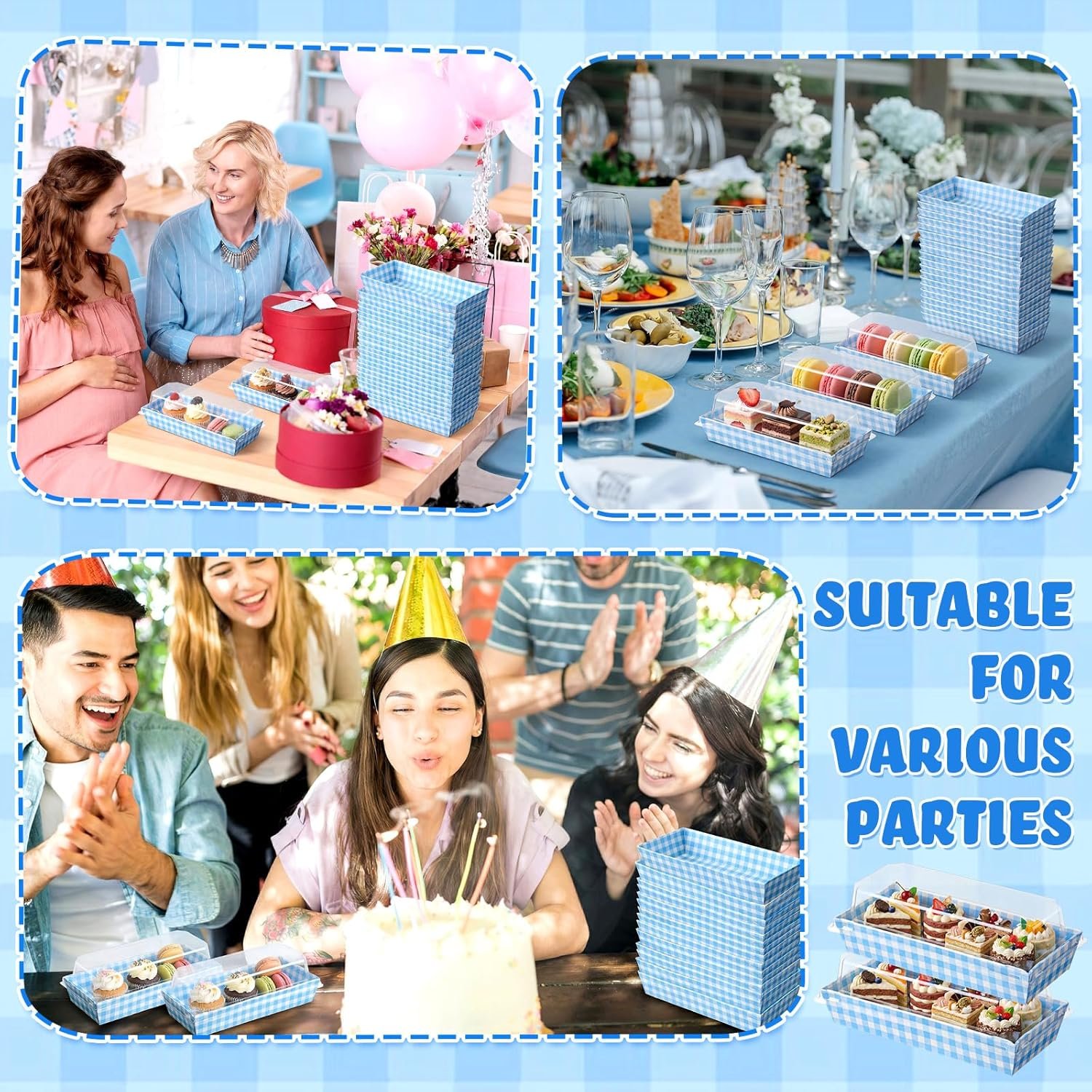 Großhandel 50er Packung blaue Karomuster-Kekse und Snackboxen mit transparenten Lids, Lieferant für Einweg-Dessertpräsentationsboxen für Hochzeiten, Partys und Picknicks, Individuelles Logo verfügbar.