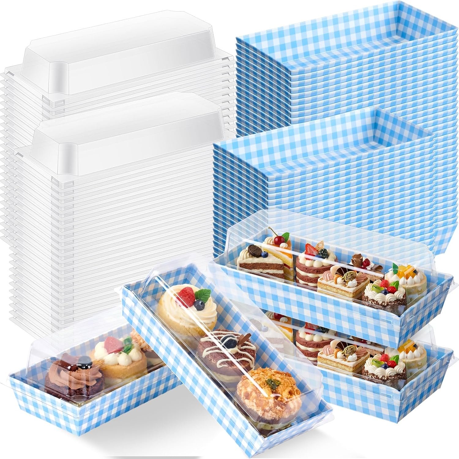 Großhandel 50er Packung blaue Karomuster-Kekse und Snackboxen mit transparenten Lids, Lieferant für Einweg-Dessertpräsentationsboxen für Hochzeiten, Partys und Picknicks, Individuelles Logo verfügbar.