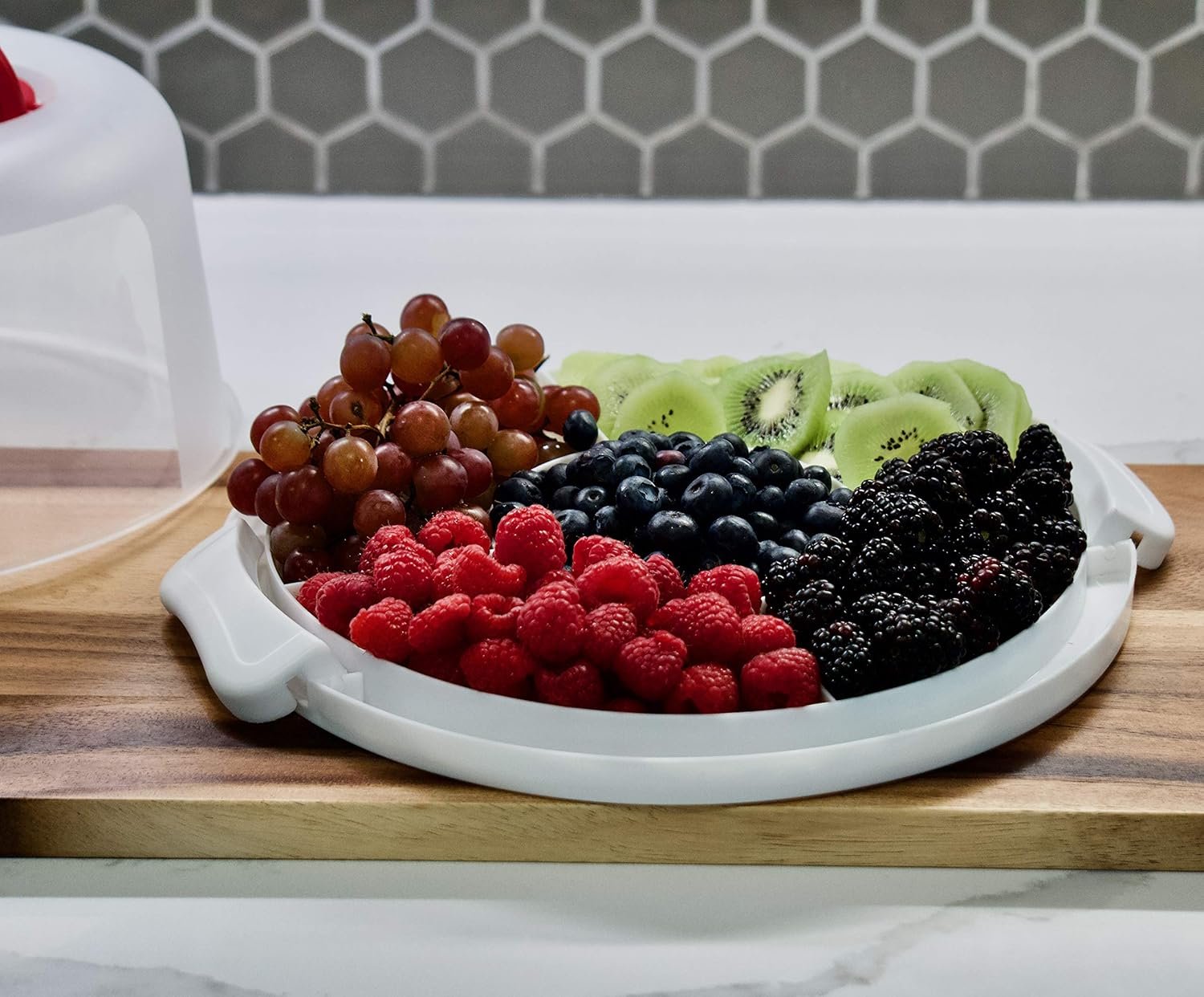 Großhandel runder Kuchenbehälter mit zwei Seiten, bietet als Fünf-Sektionen-Betrachtungsplatte, für 10 Zoll Kuchen, Hersteller Kuchenbox mit Traggriff, OEM Kuchenbehälter für Torten und Kuchen.