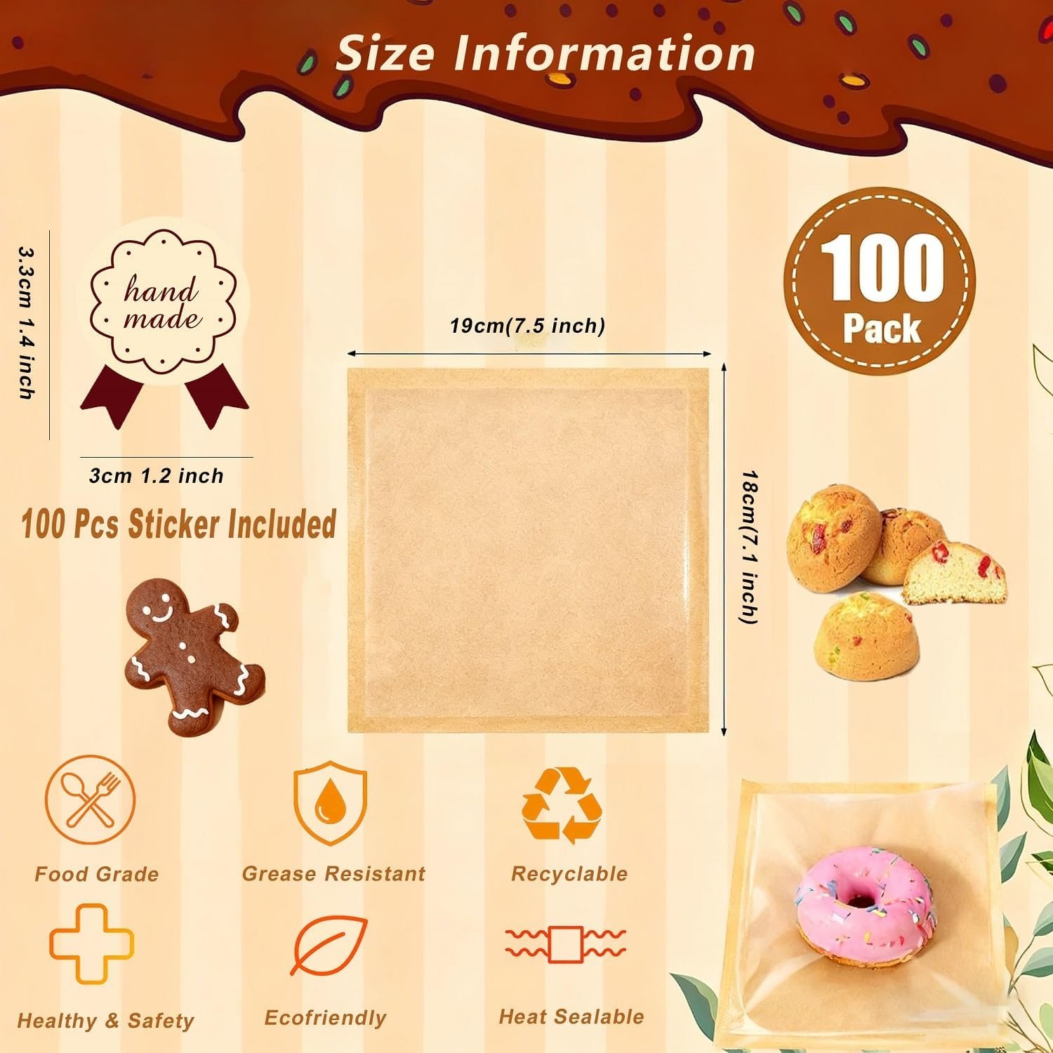 Großhandel Cookie Bags mit Fenster für Bäckereien, 100 Stück 7.1x7.5