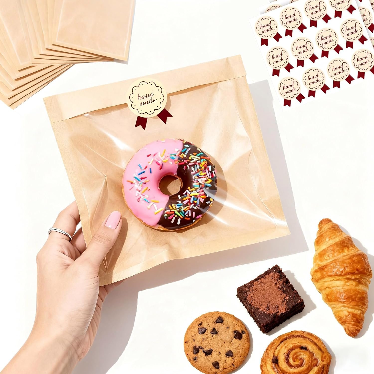 Großhandel Cookie Bags mit Fenster für Bäckereien, 100 Stück 7.1x7.5" Heizsiegel Verpackungsfolie mit Siegelaufklebern, individuelle Backwaren Tüte für Backverkäufe, Sandwich, Brot | Food Grade, Fettdicht, OEM, Hersteller für maßgeschneiderte Lösungen