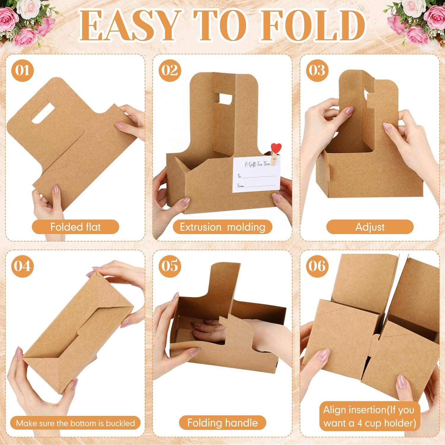 Großhandel 90-teiliges Kraftpapier-Getränke-Tragetaschen-Set, 2-Tassen-Getränketräger mit Griff, Herzförmige Clips und Mini-Geschenkkarten, faltbares Getränketablett für Valentinstag, Muttertag, Hochzeiten und Partys (Braun), individueller Logo-Service, Hersteller für qualitativ hochwertige Produkte.