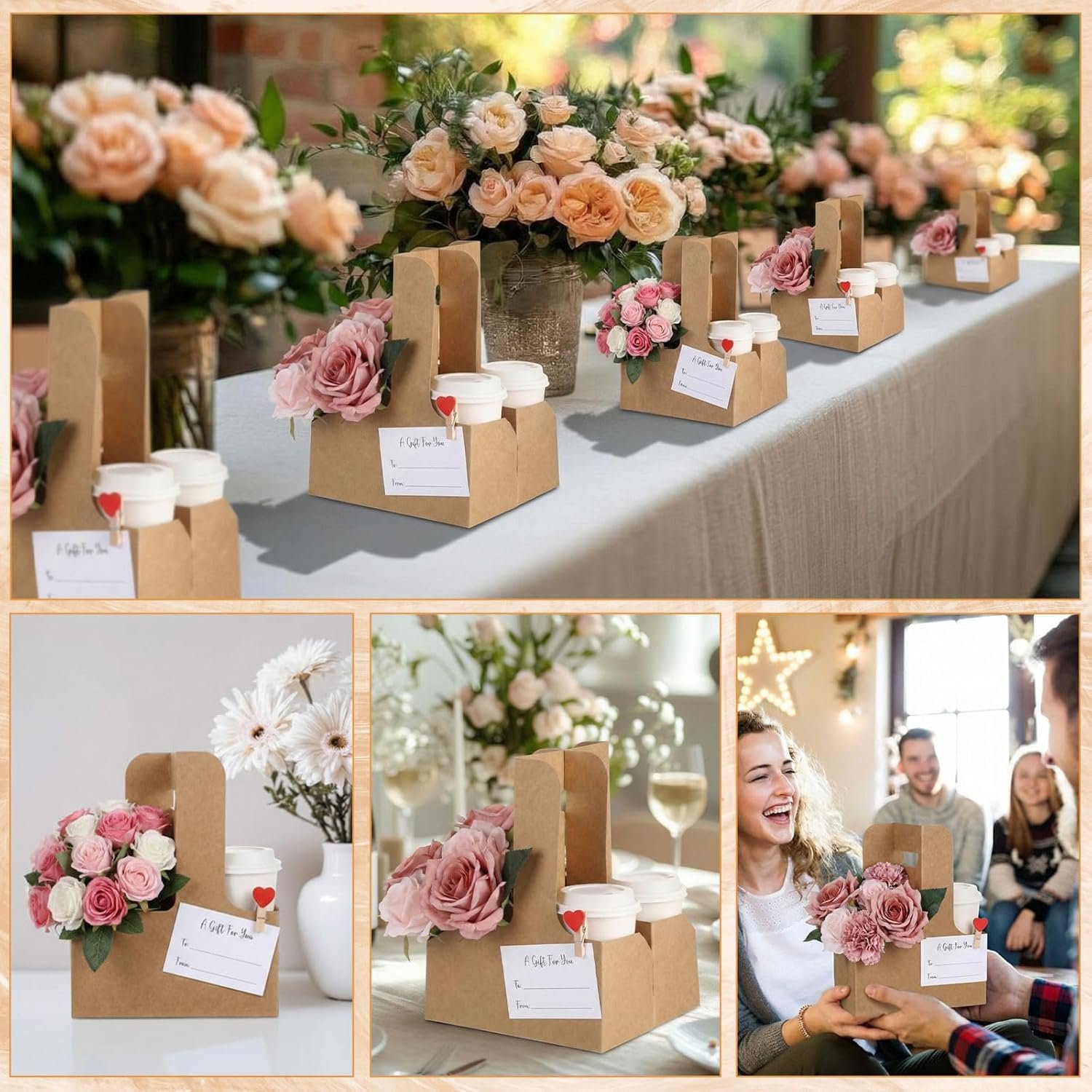 Großhandel 90-teiliges Kraftpapier-Getränke-Tragetaschen-Set, 2-Tassen-Getränketräger mit Griff, Herzförmige Clips und Mini-Geschenkkarten, faltbares Getränketablett für Valentinstag, Muttertag, Hochzeiten und Partys (Braun), individueller Logo-Service, Hersteller für qualitativ hochwertige Produkte.