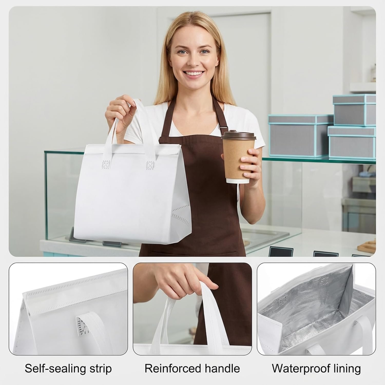 Großhandel 50 Stück isolierte Liefertaschen, weiße Kühlertaschen für heiße und kalte Lebensmittel, individuell bedruckbar für Cafés, Catering und Restaurants, 9,5