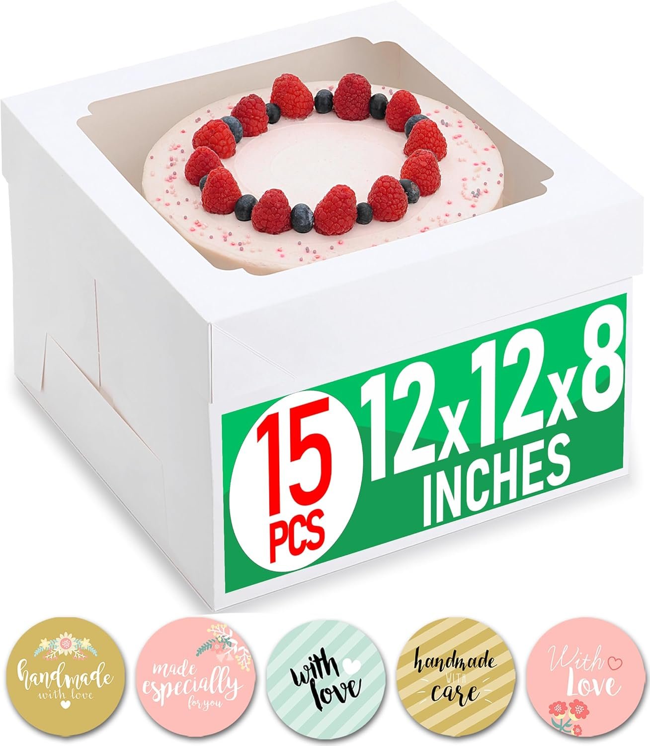 Großhandel 12x12x8 Zoll Tortenboxen 15 Stück, große 12 Zoll Tortenbox mit Fenster für 8 Zoll hohe mehrstöckige Backwaren, stabiler quadratischer weißer Karton, OEM-Kuchen-Dekorationszubehör (80 Stück Aufkleber) Hersteller.