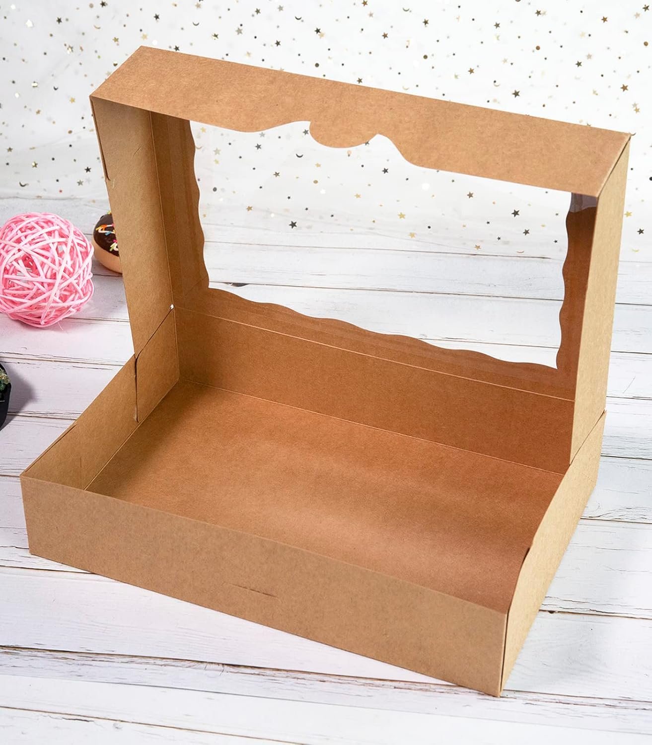Großhandel Brown Pastry Box 14x10x3 Zoll, Auto-Pop-up Pappbox mit PVC-Fenster für Muffins, Donuts und Kekse, Individuelles Logo, Packung mit 15 Stück, Hersteller für Naturkarton Take-Out-Behälter